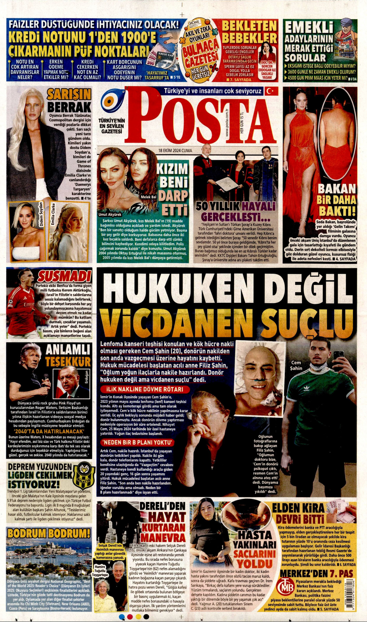 POSTA gazetesinin 18 Ekim 2024 tarihli birinci sayfası