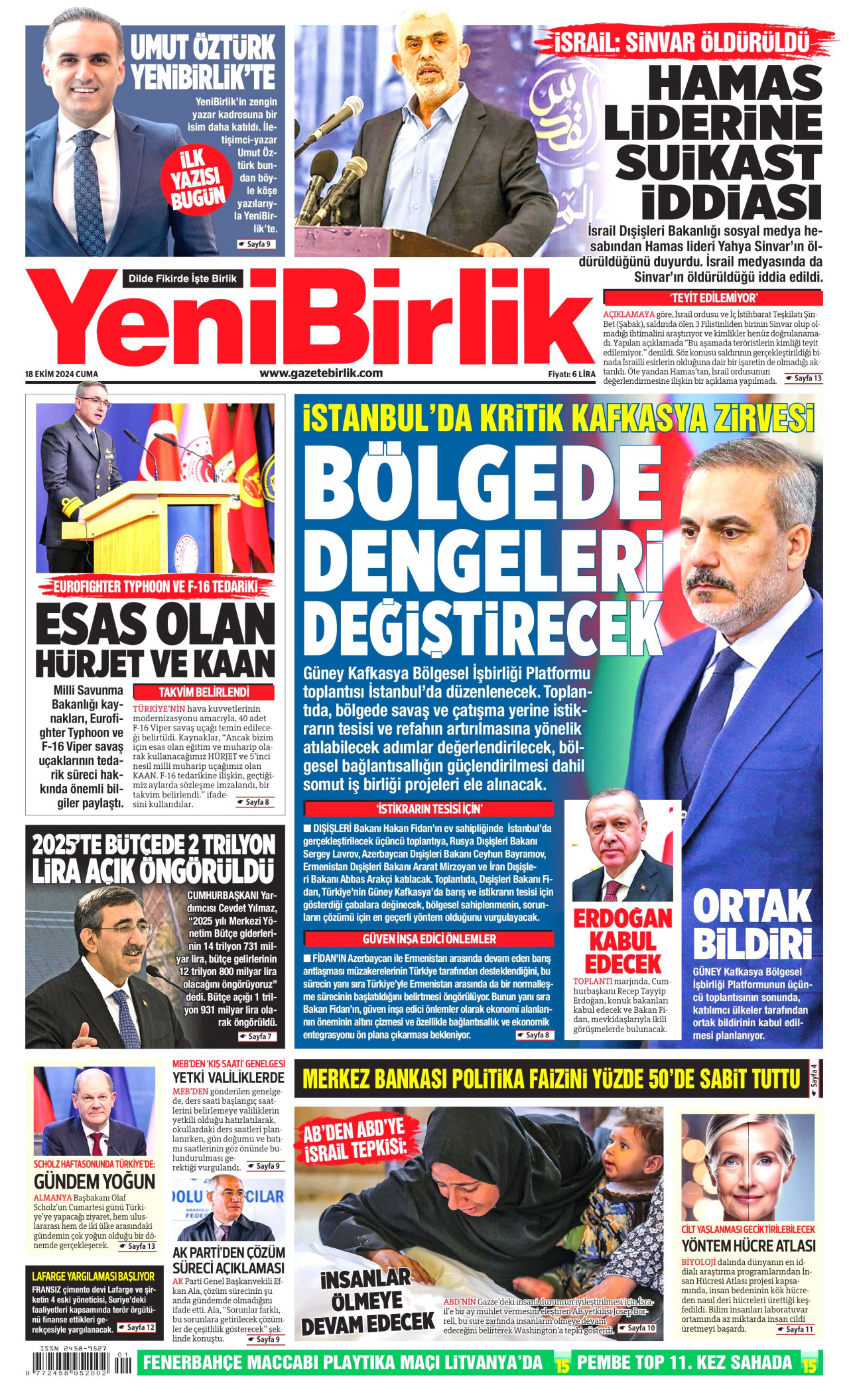YENİBİRLİK gazetesinin 18 Ekim 2024 tarihli birinci sayfası