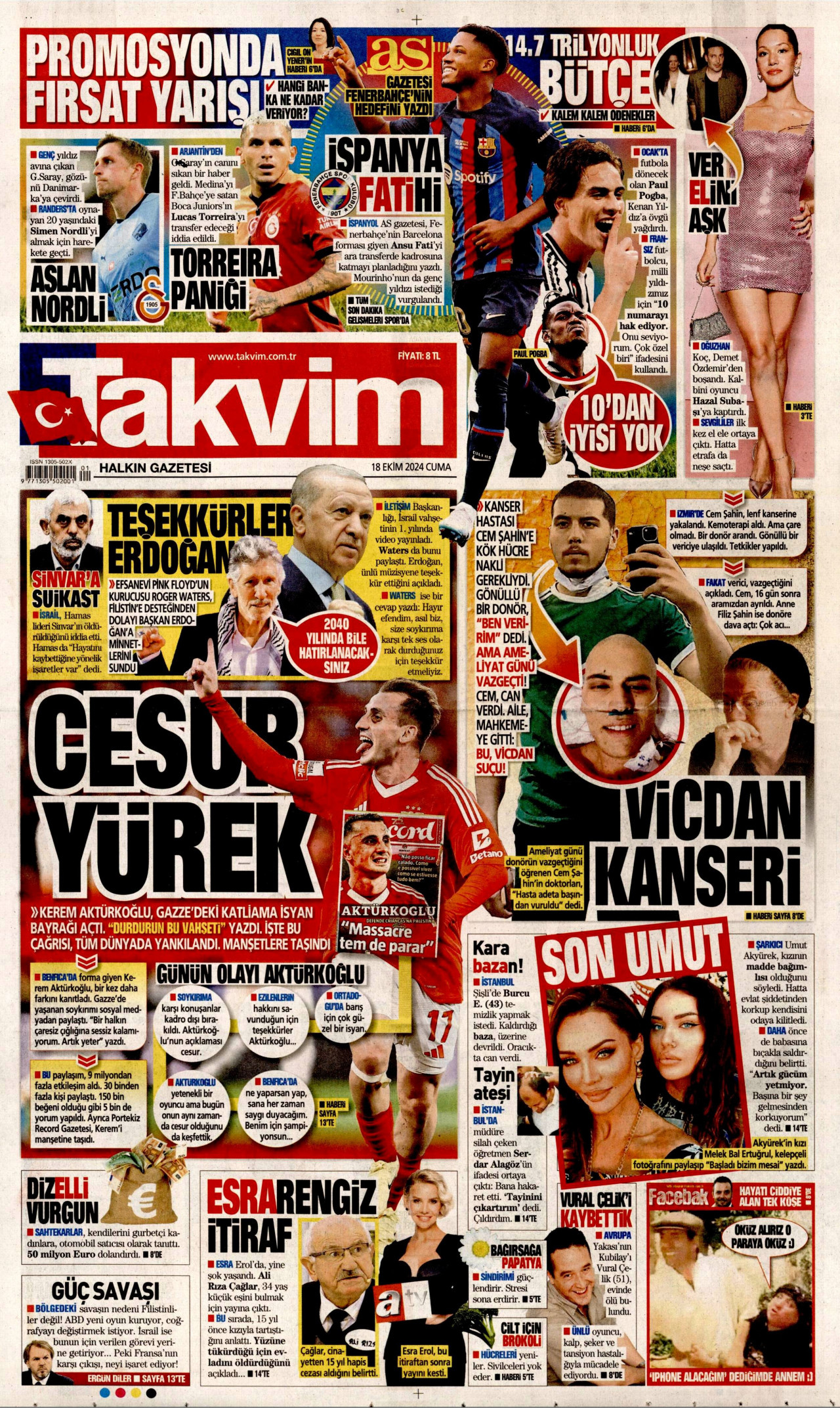 TAKVİM gazetesinin 18 Ekim 2024 tarihli birinci sayfası