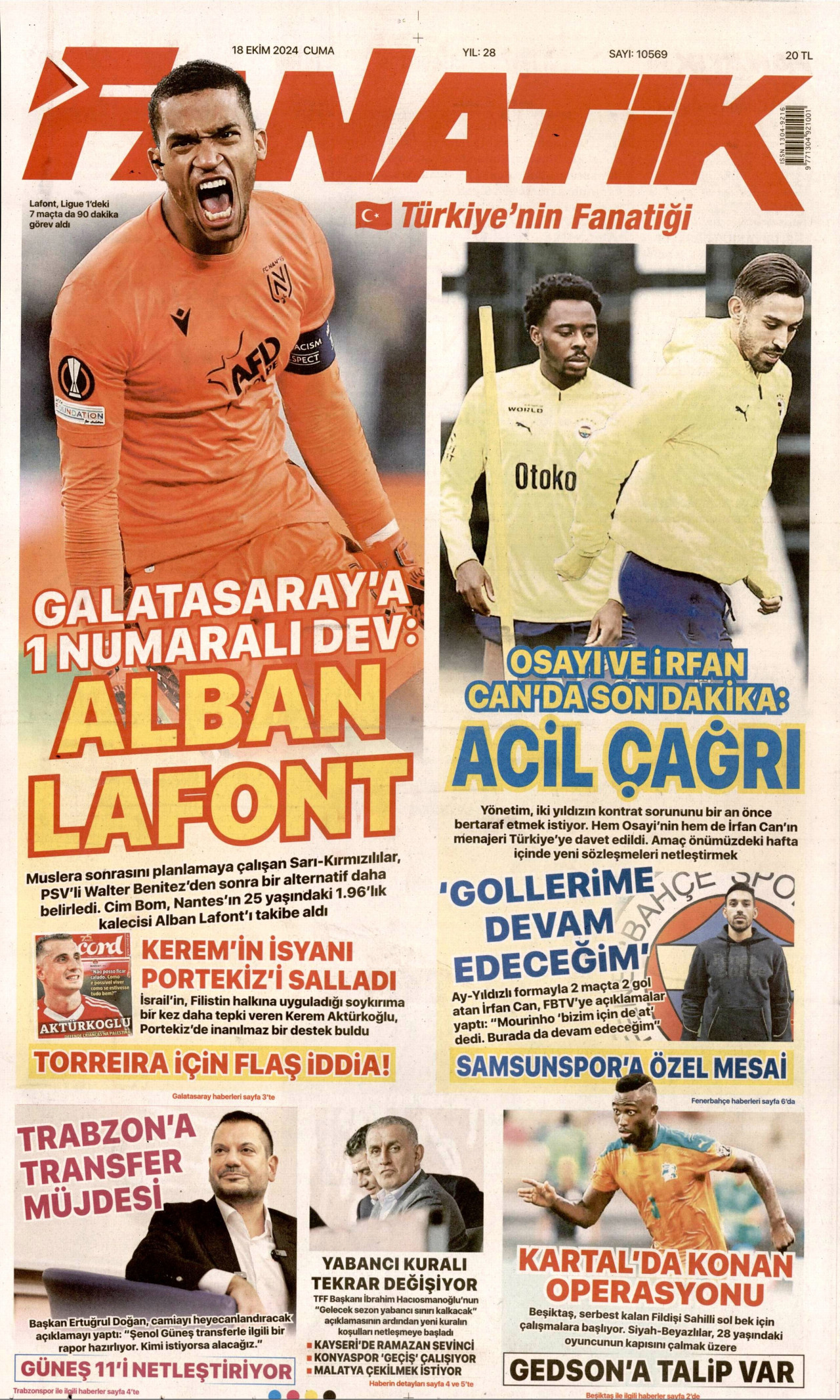 FANATİK gazetesinin 18 Ekim 2024 tarihli birinci sayfası