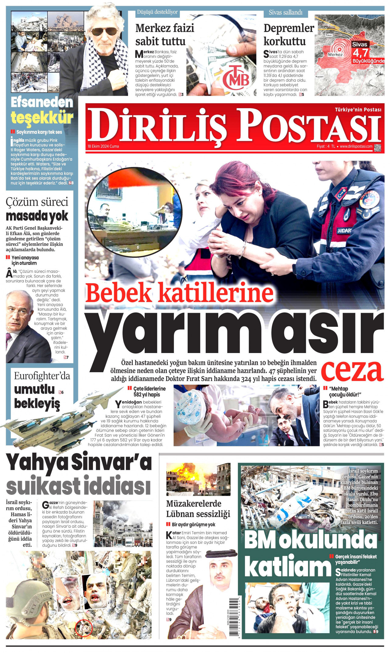 DİRİLİŞ POSTASI gazetesinin 18 Ekim 2024 tarihli birinci sayfası