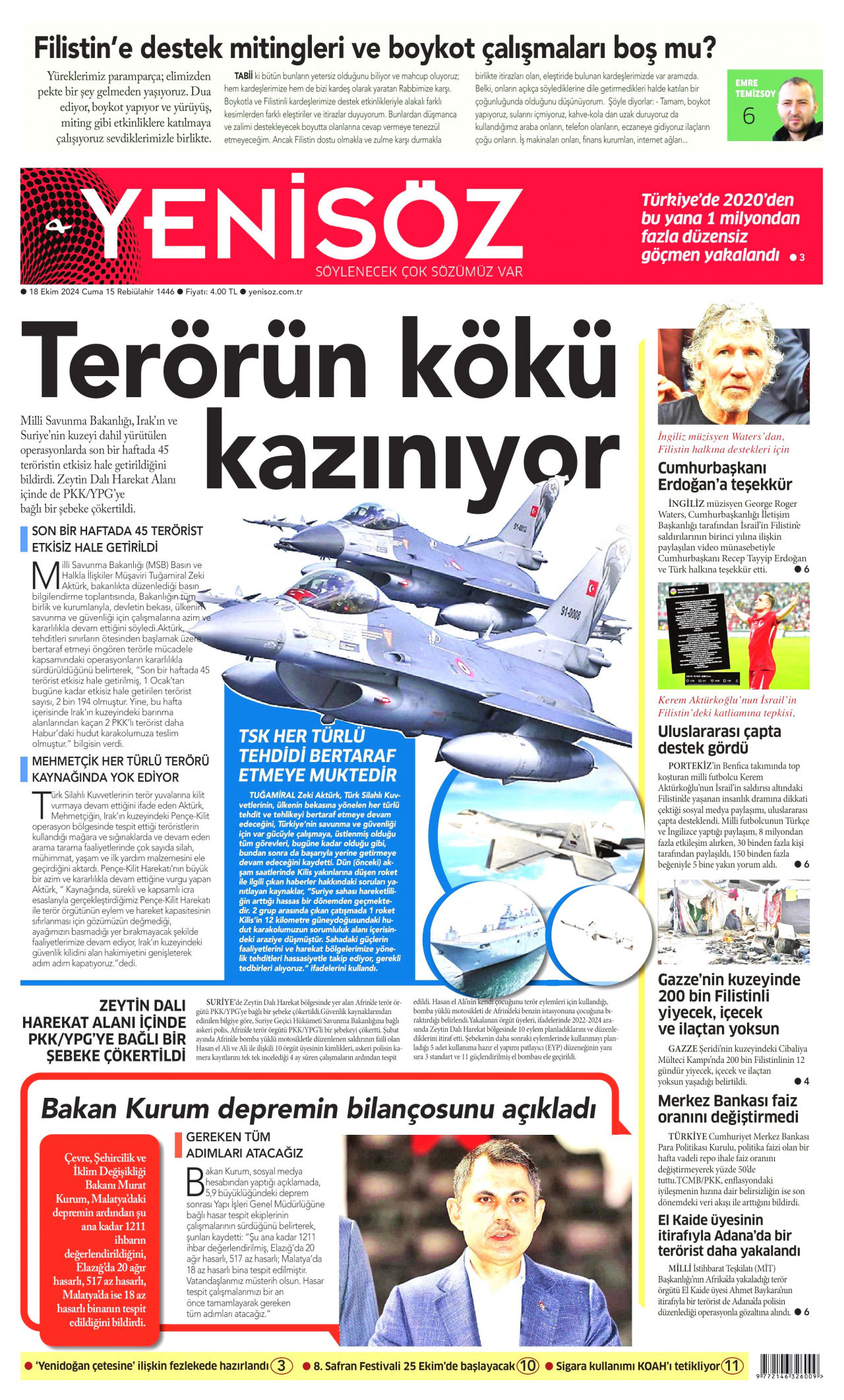 YENİ SÖZ GAZETESİ gazetesinin 18 Ekim 2024 tarihli birinci sayfası