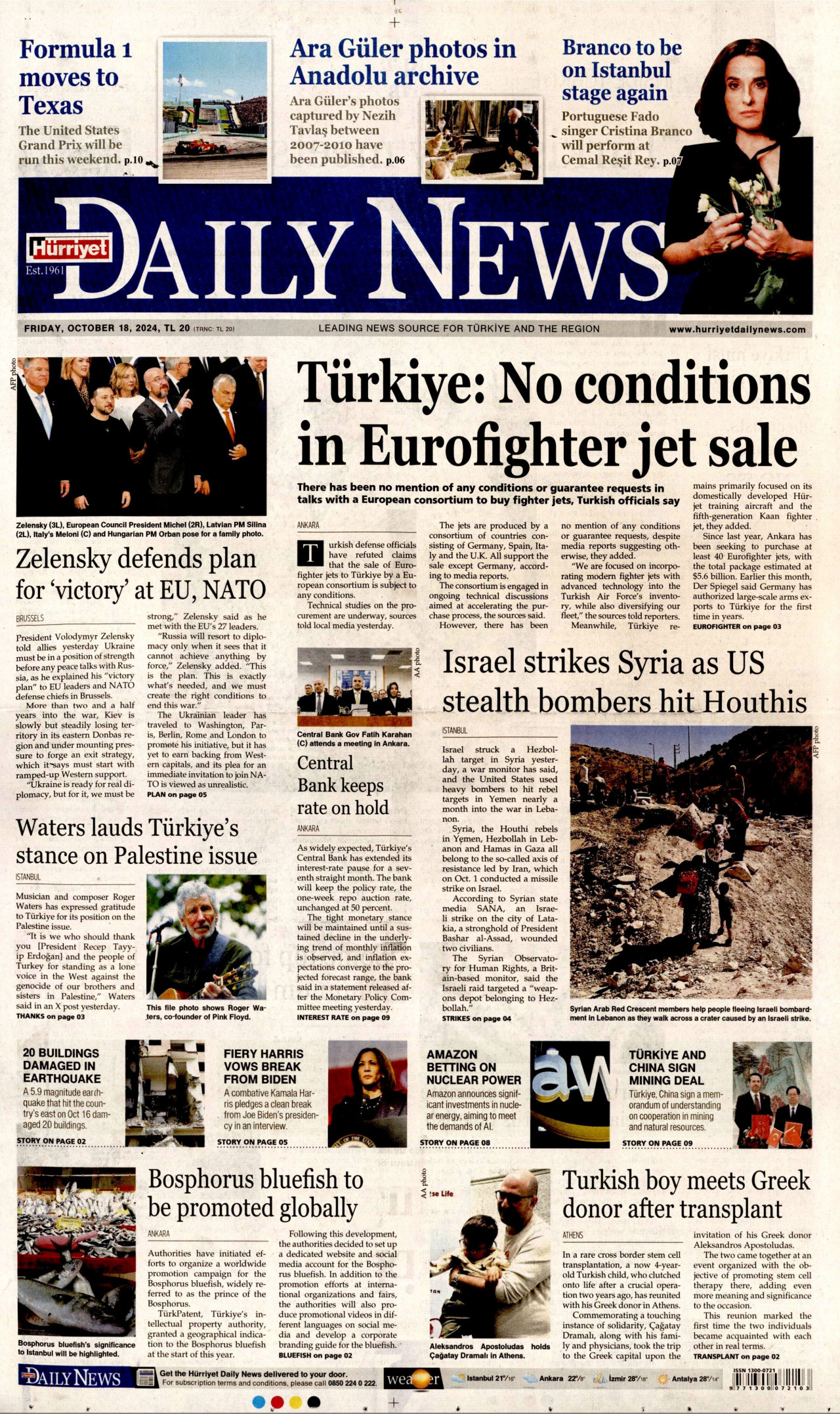 HÜRRİYET DAİLY NEWS gazetesinin 18 Ekim 2024 tarihli birinci sayfası