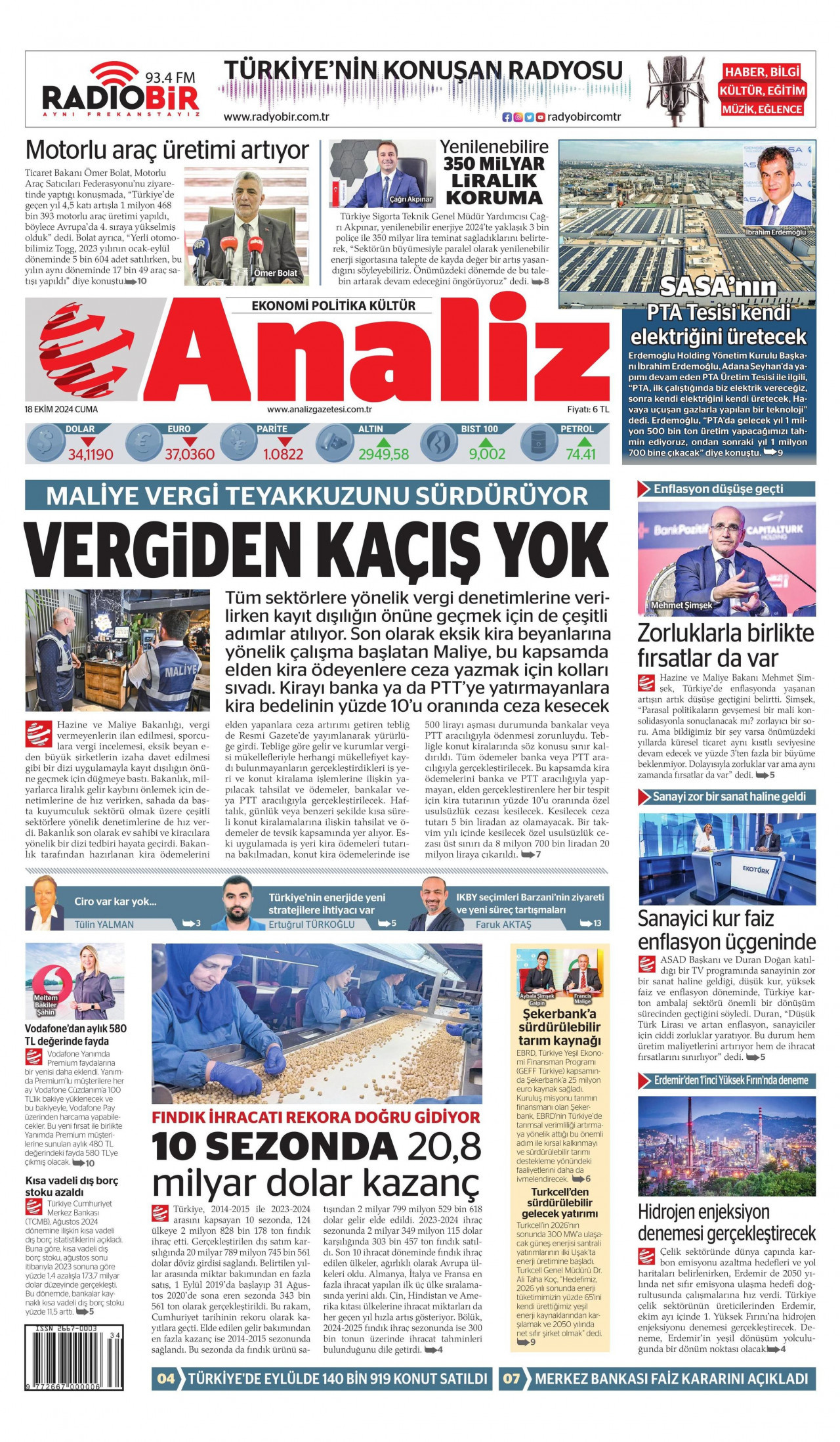 ANALİZ gazetesinin 18 Ekim 2024 tarihli birinci sayfası
