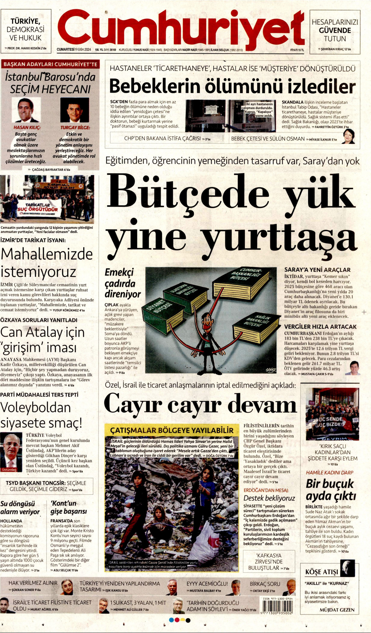 CUMHURİYET gazetesinin 19 Ekim 2024 tarihli birinci sayfası