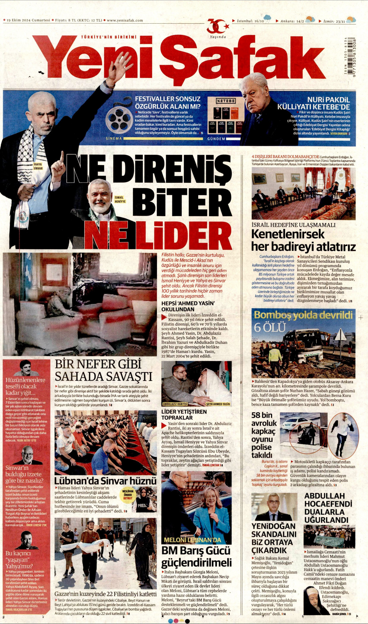 YENİ ŞAFAK gazetesinin 19 Ekim 2024 tarihli birinci sayfası