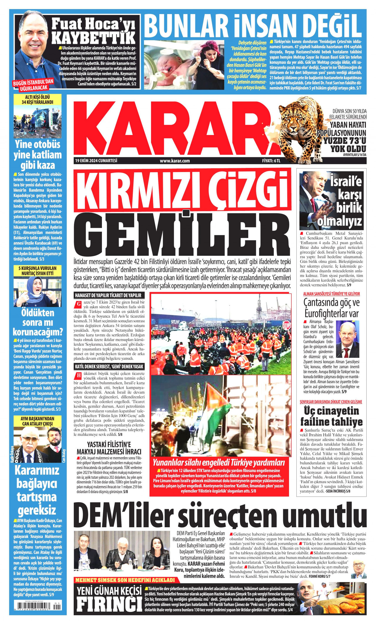 KARAR gazetesinin 19 Ekim 2024 tarihli birinci sayfası