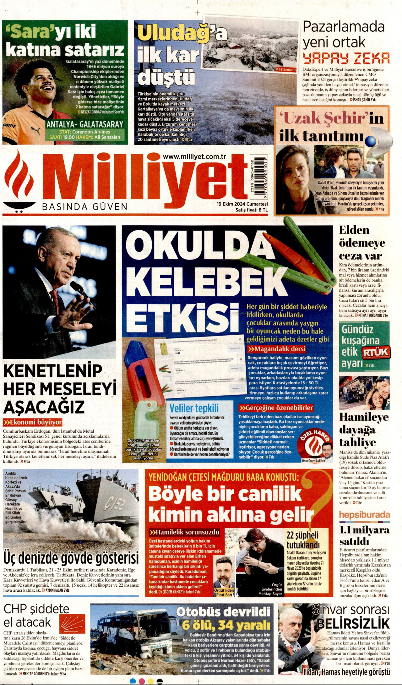 MİLLİYET gazetesinin 19 Ekim 2024 tarihli birinci sayfası