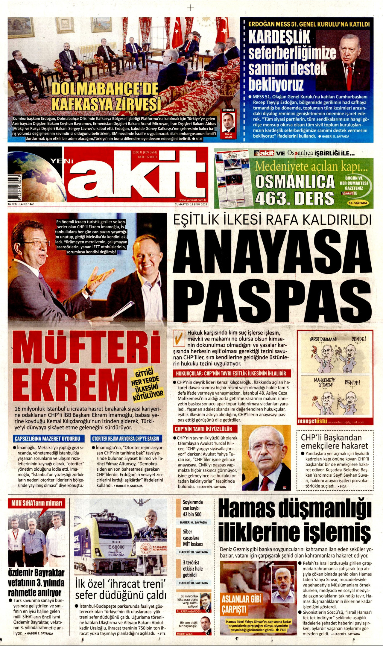 YENİ AKİT gazetesinin 19 Ekim 2024 tarihli birinci sayfası