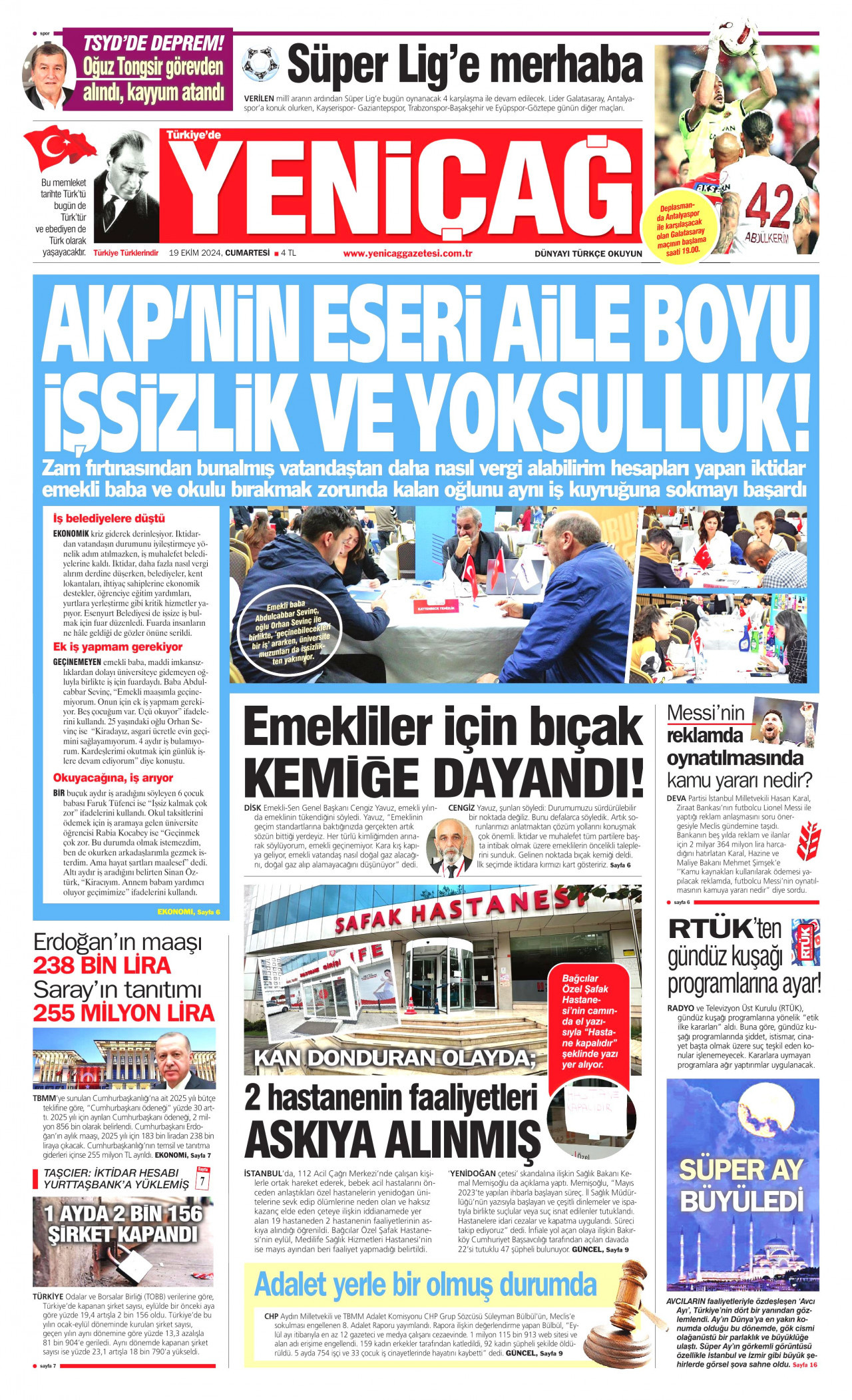 YENİÇAĞ gazetesinin 19 Ekim 2024 tarihli birinci sayfası
