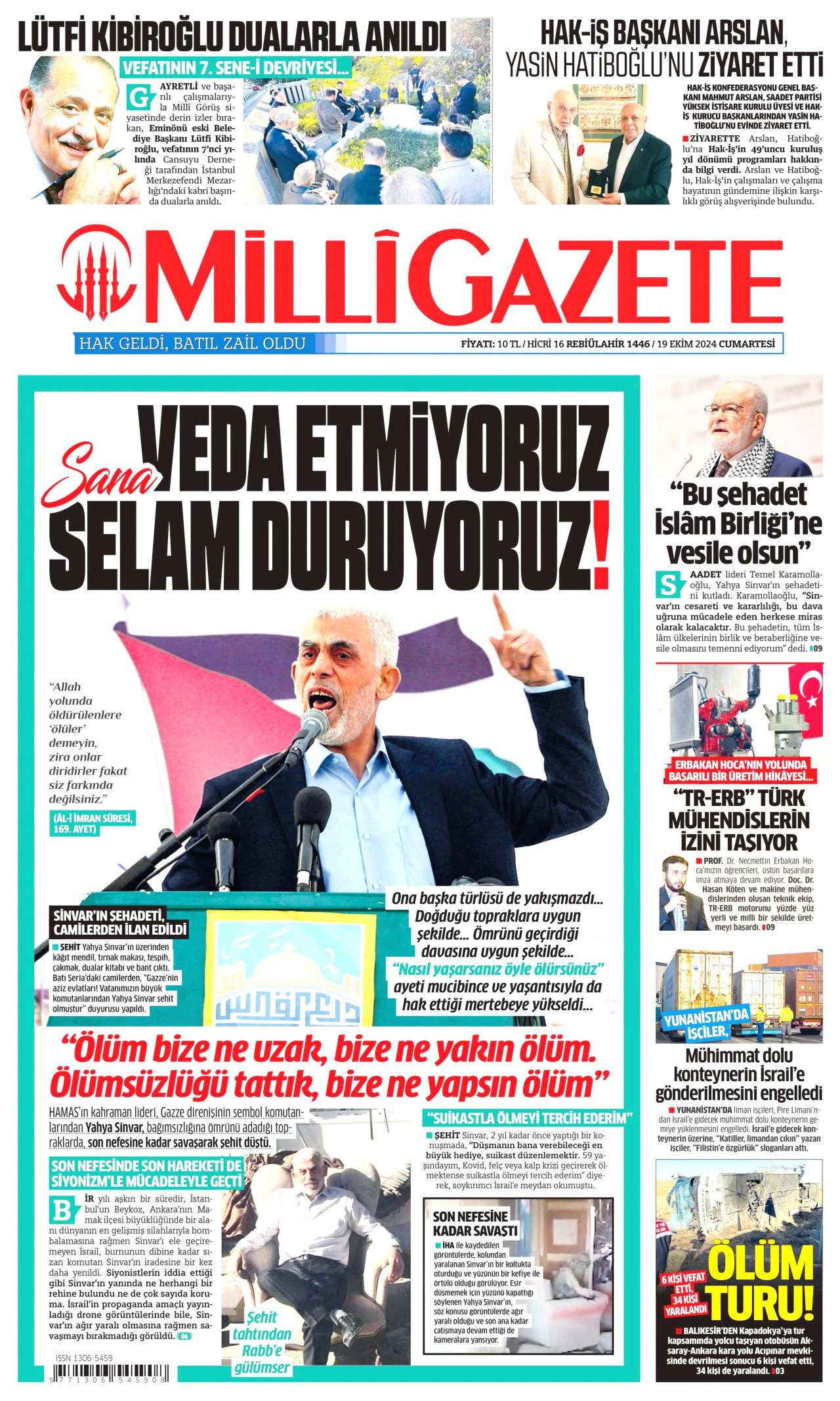 MİLLİ GAZETE gazetesinin 19 Ekim 2024 tarihli birinci sayfası