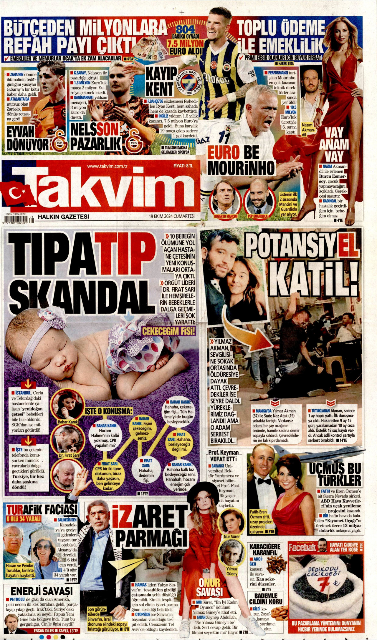 TAKVİM gazetesinin 19 Ekim 2024 tarihli birinci sayfası