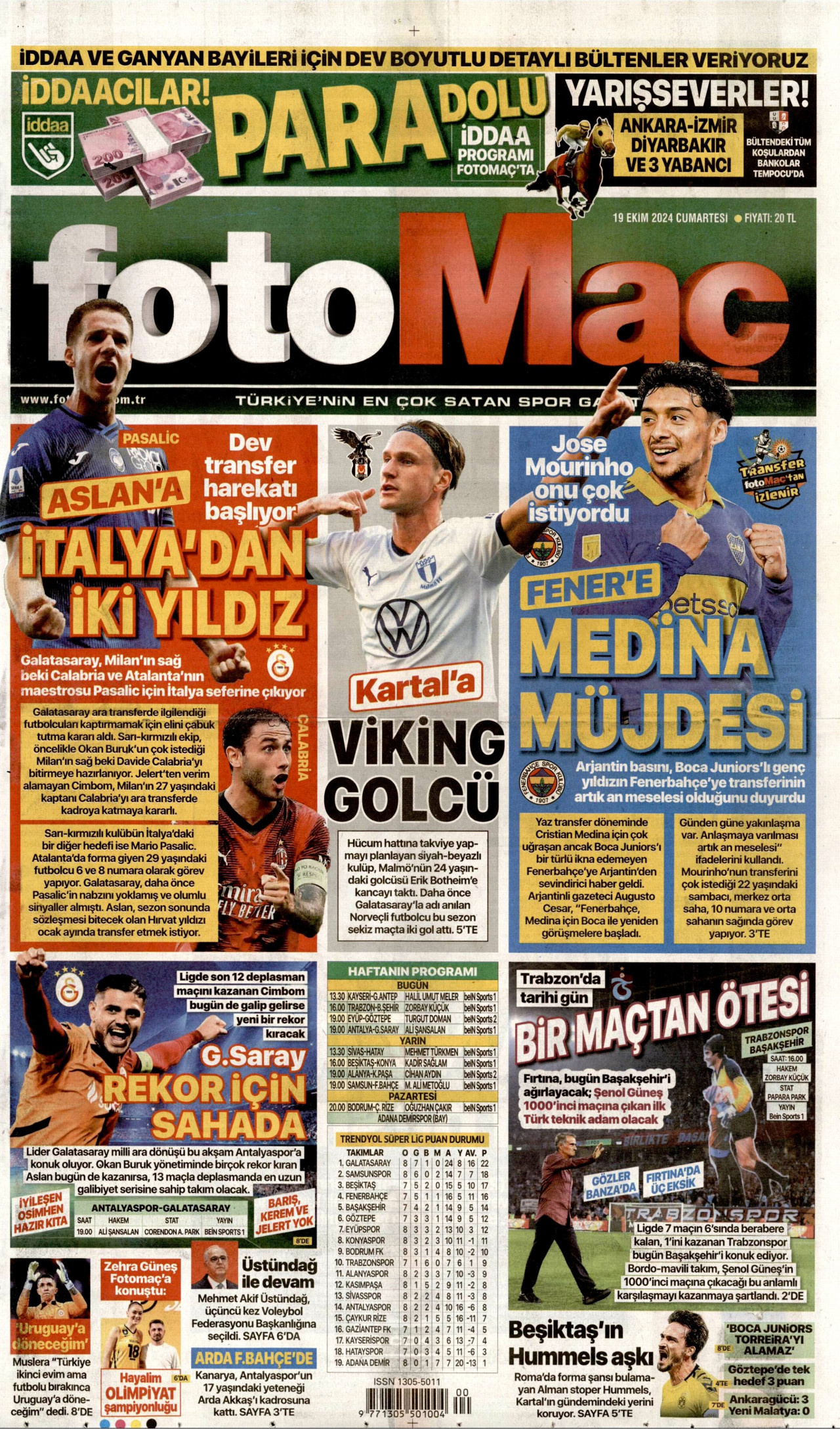 FOTOMAÇ gazetesinin 19 Ekim 2024 tarihli birinci sayfası