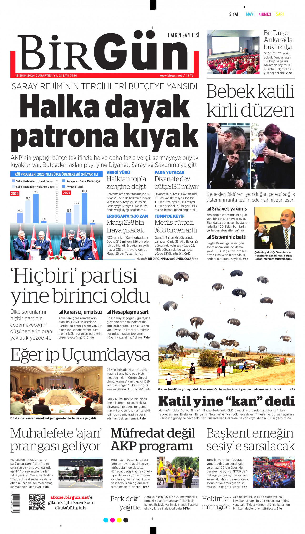 BİRGÜN gazetesinin 19 Ekim 2024 tarihli birinci sayfası