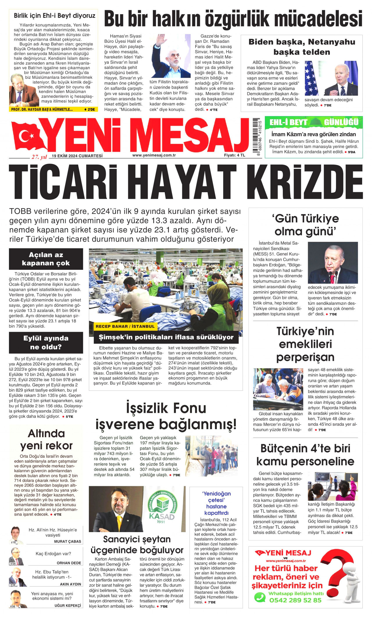 YENİ MESAJ gazetesinin 19 Ekim 2024 tarihli birinci sayfası