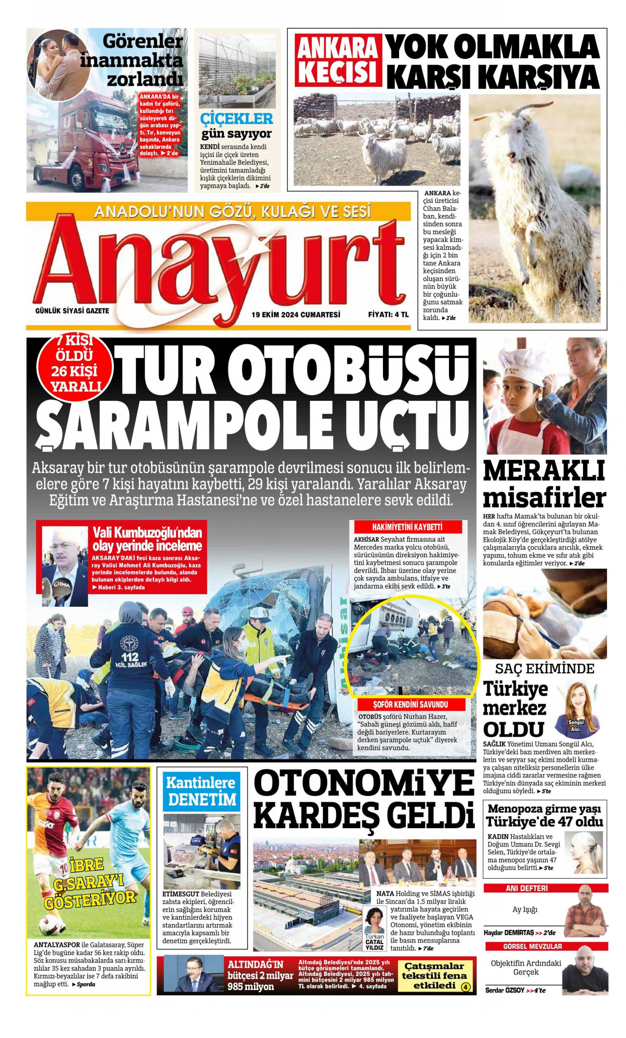 ANAYURT gazetesinin 19 Ekim 2024 tarihli birinci sayfası