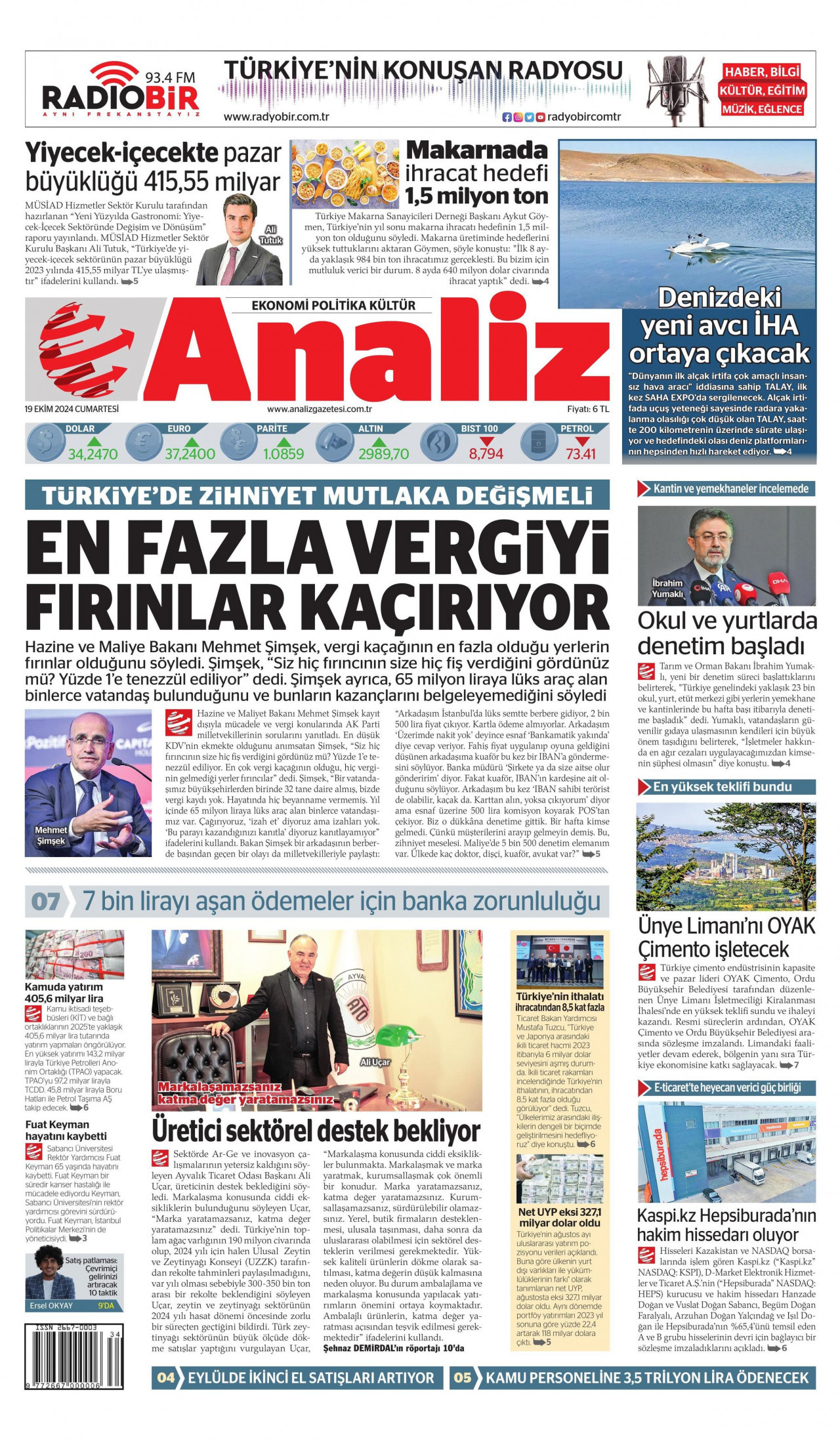 ANALİZ gazetesinin 19 Ekim 2024 tarihli birinci sayfası