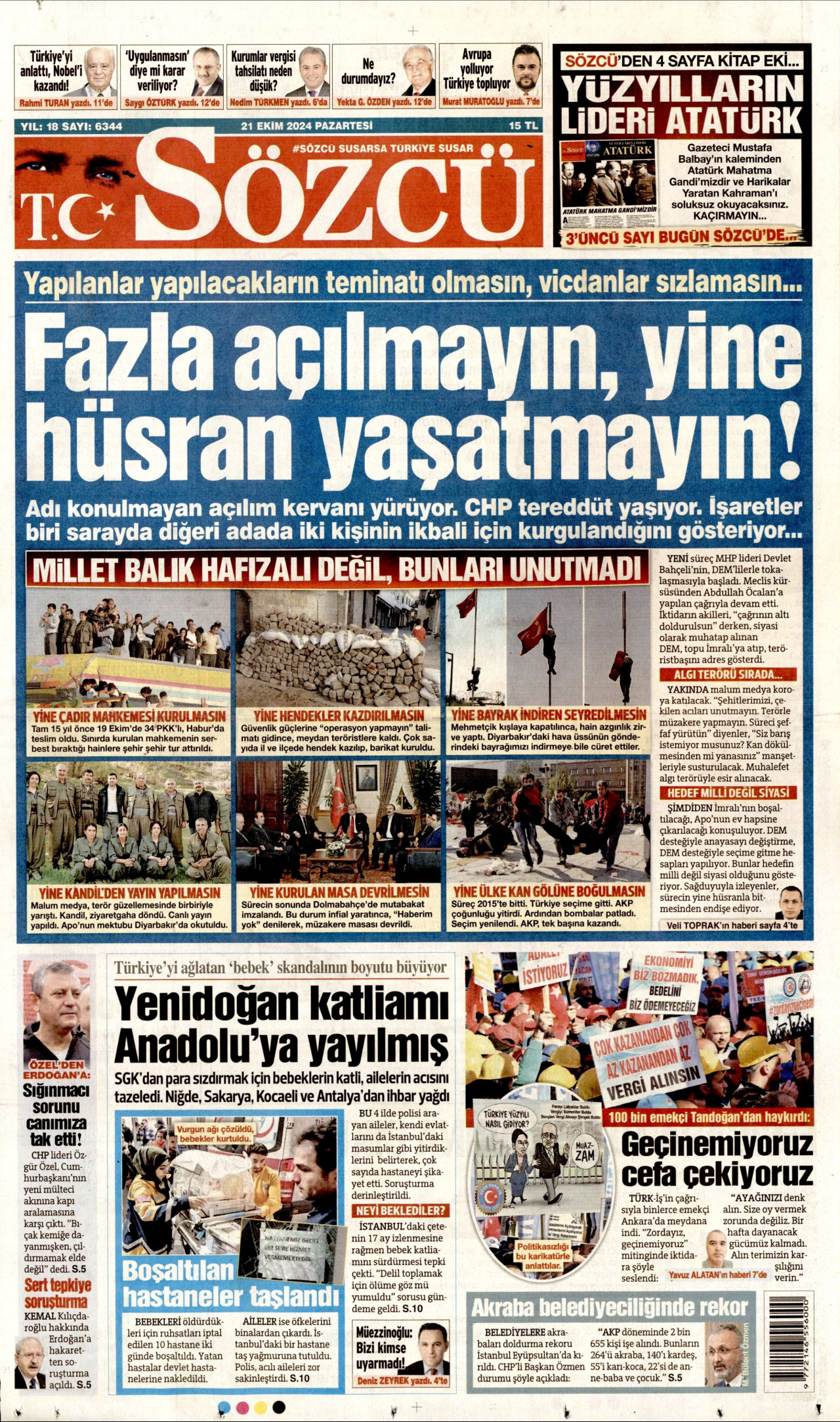 SÖZCÜ gazetesinin 21 Ekim 2024 tarihli birinci sayfası