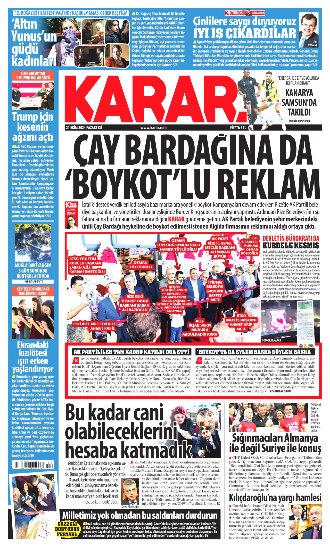 KARAR gazetesinin 21 Ekim 2024 tarihli birinci sayfası