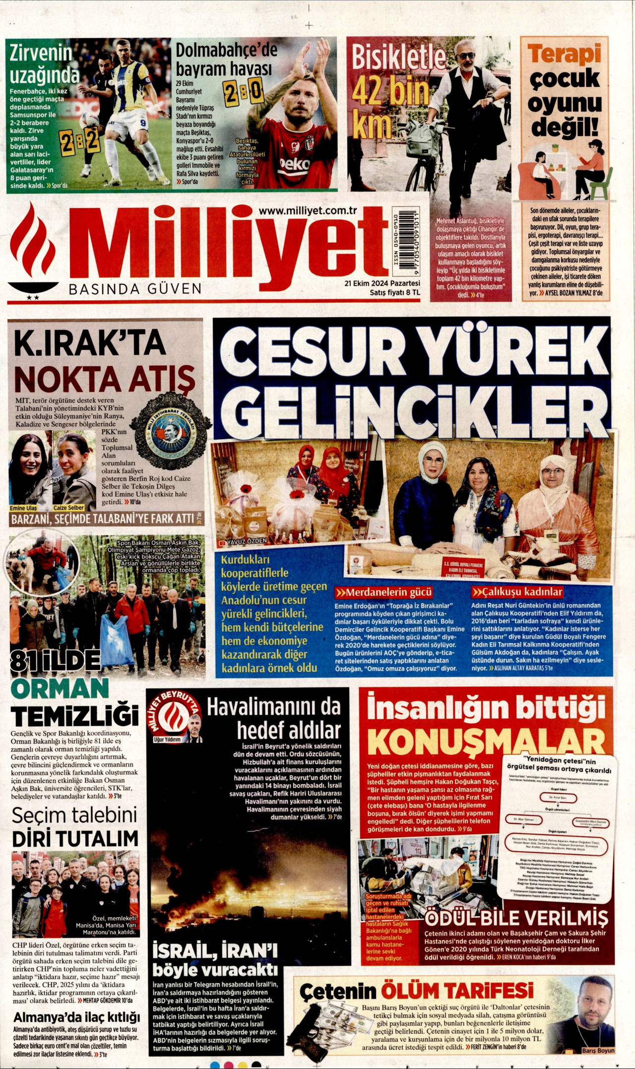 MİLLİYET gazetesinin 21 Ekim 2024 tarihli birinci sayfası