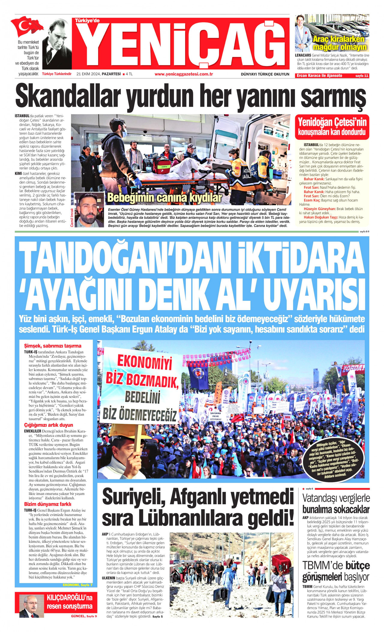 YENİÇAĞ gazetesinin 21 Ekim 2024 tarihli birinci sayfası