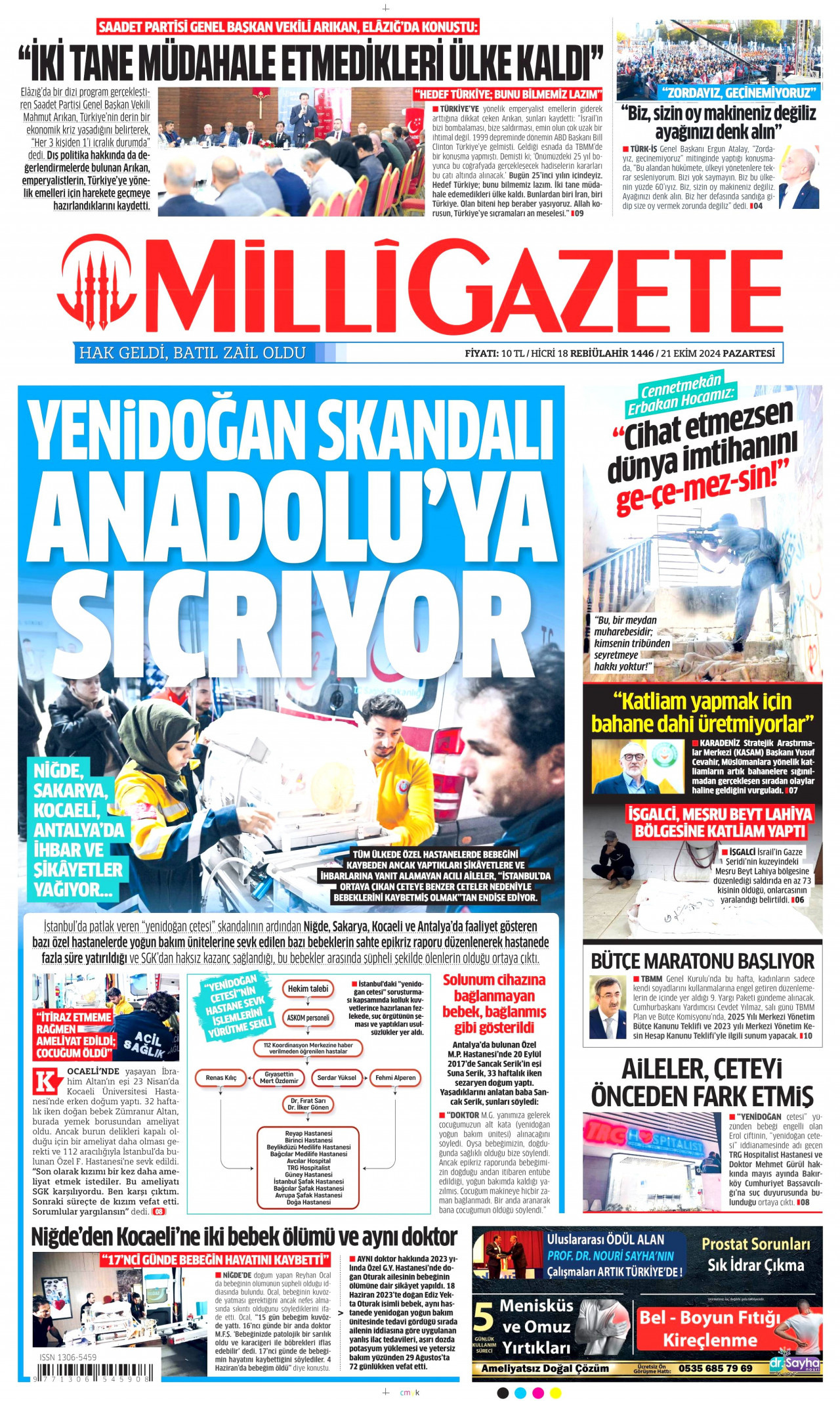 MİLLİ GAZETE gazetesinin 21 Ekim 2024 tarihli birinci sayfası