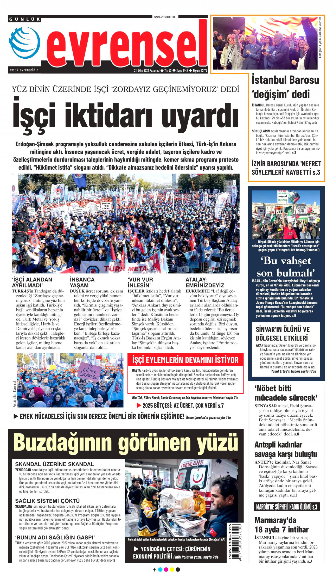 EVRENSEL gazetesinin 21 Ekim 2024 tarihli birinci sayfası