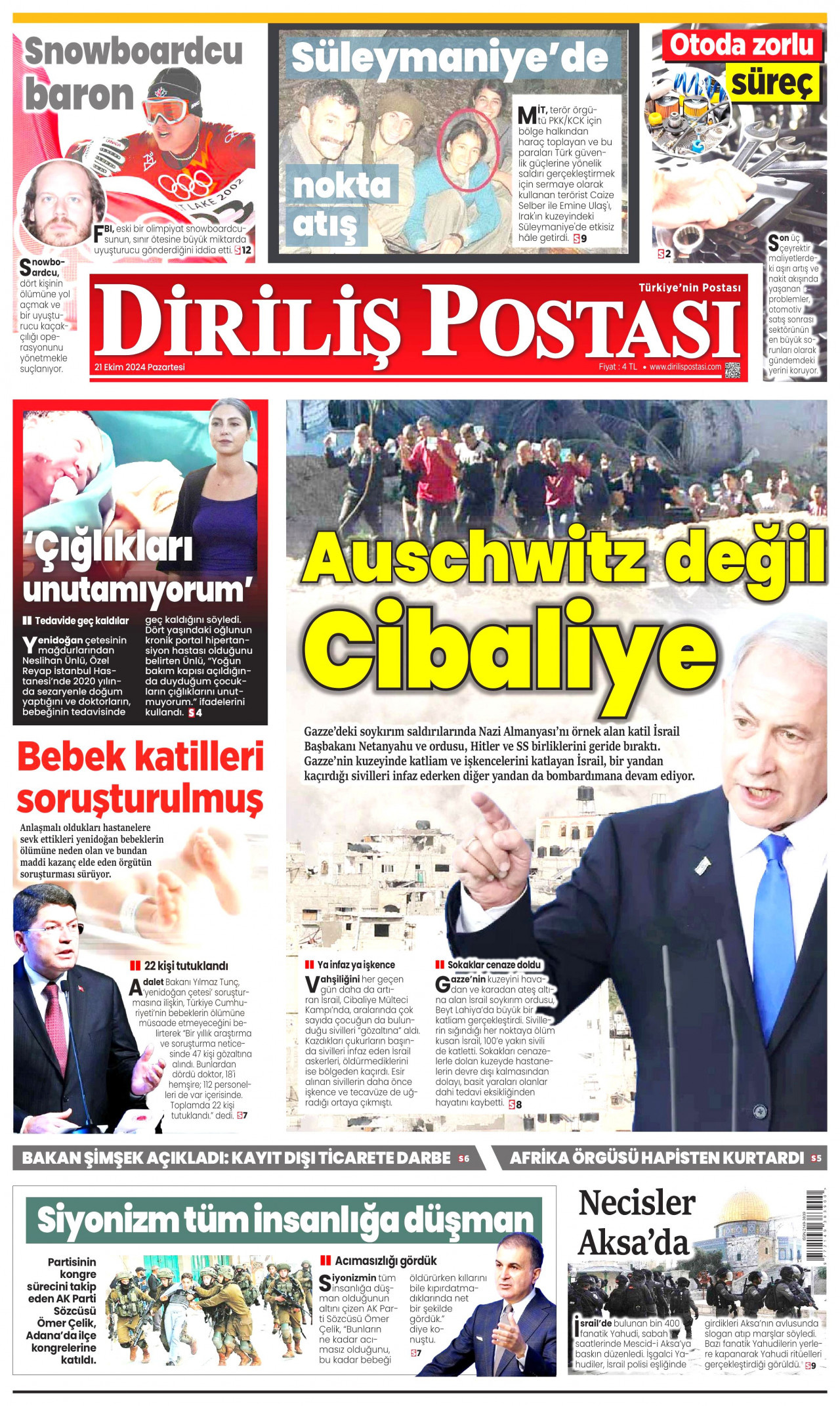 DİRİLİŞ POSTASI gazetesinin 21 Ekim 2024 tarihli birinci sayfası