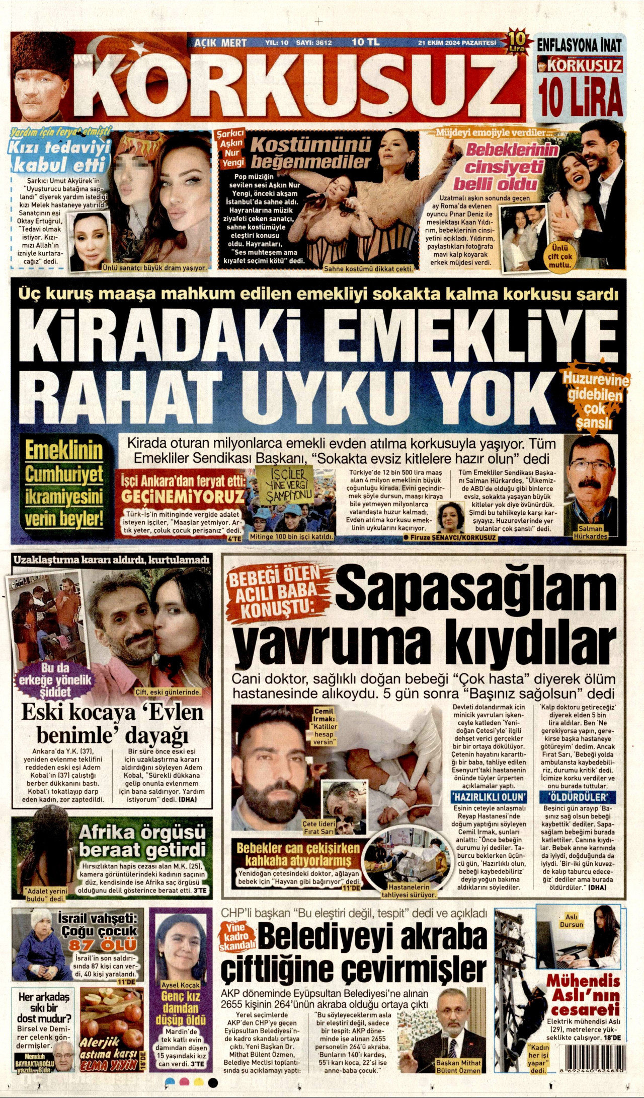 KORKUSUZ gazetesinin 21 Ekim 2024 tarihli birinci sayfası