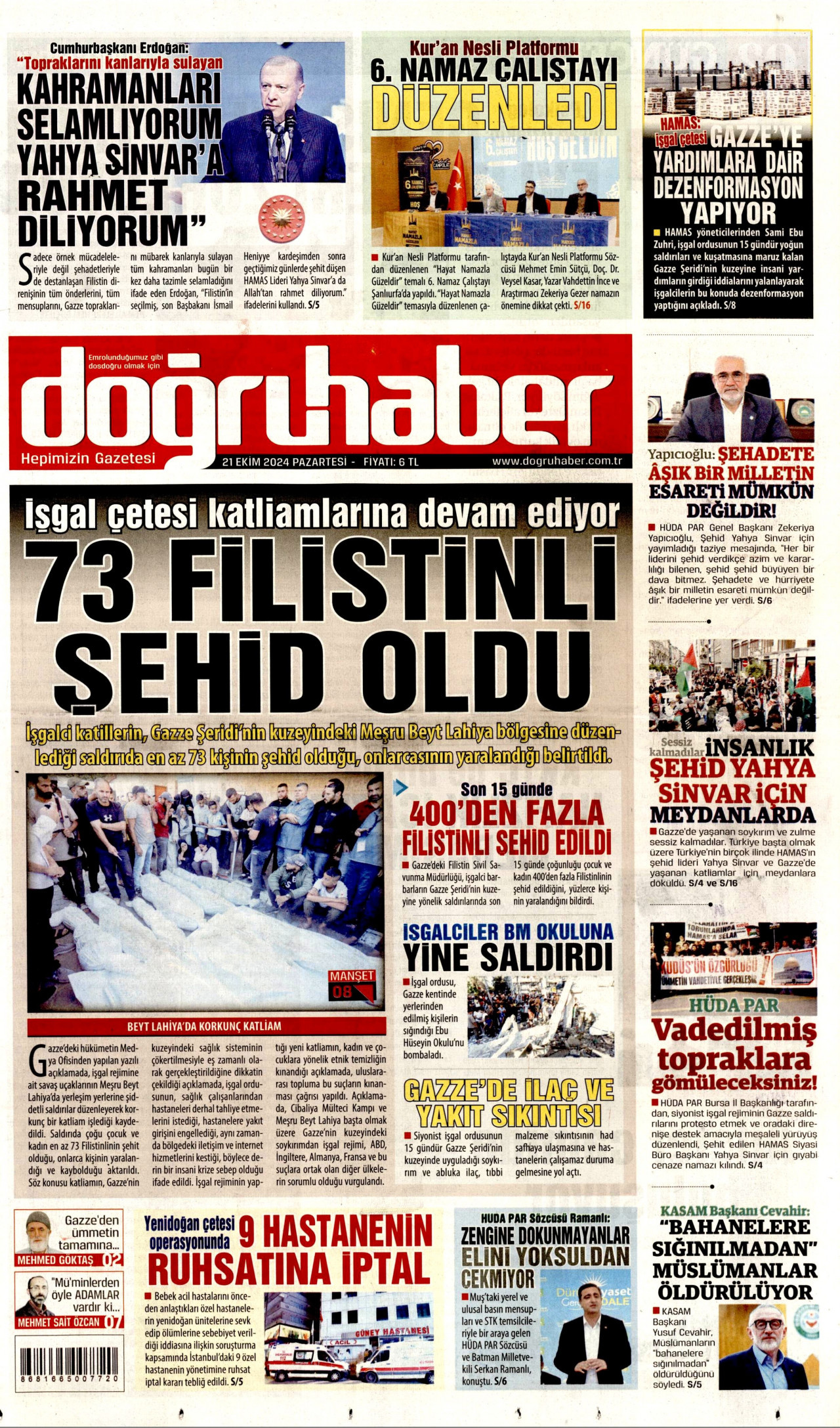 DOĞRU HABER gazetesinin 21 Ekim 2024 tarihli birinci sayfası
