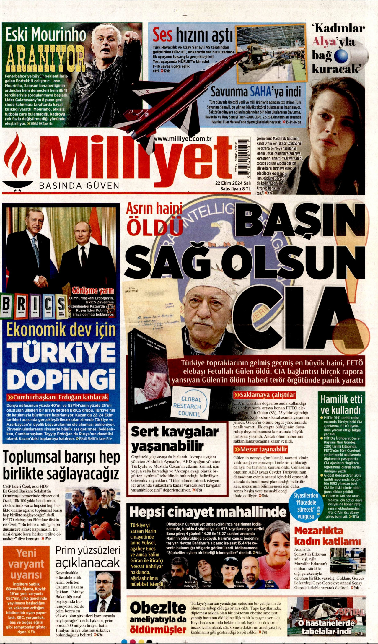 MİLLİYET gazetesinin 22 Ekim 2024 tarihli birinci sayfası