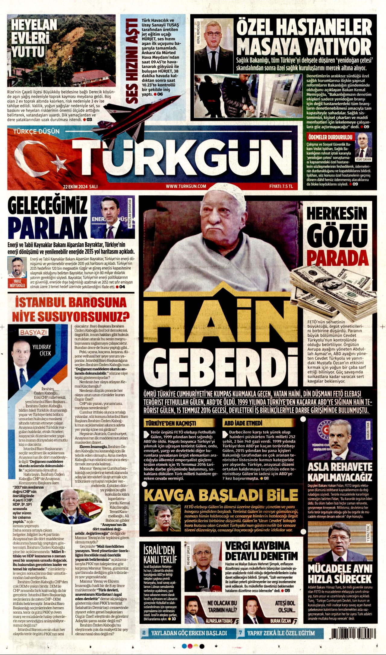 TÜRKGÜN gazetesinin 22 Ekim 2024 tarihli birinci sayfası
