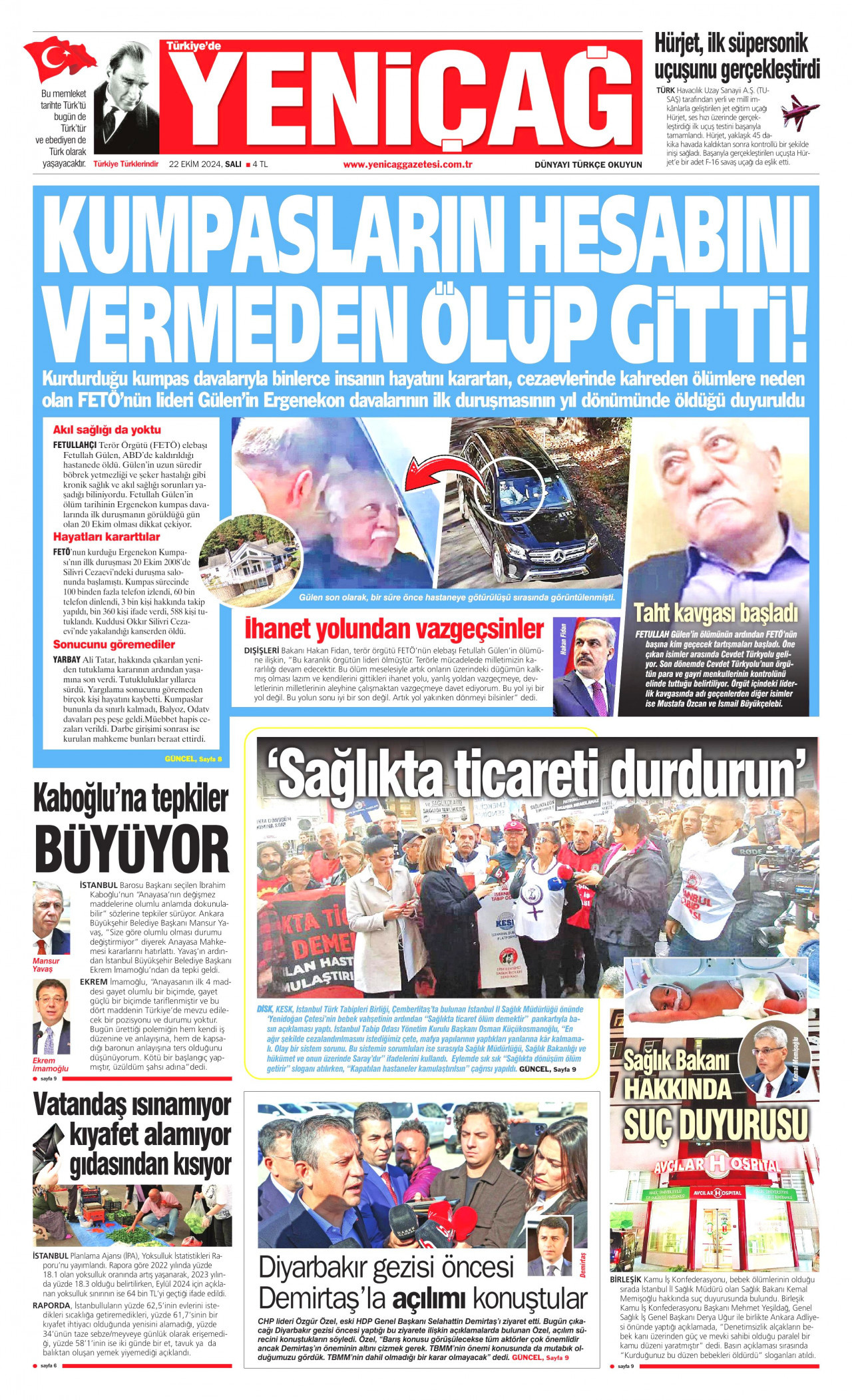YENİÇAĞ gazetesinin 22 Ekim 2024 tarihli birinci sayfası