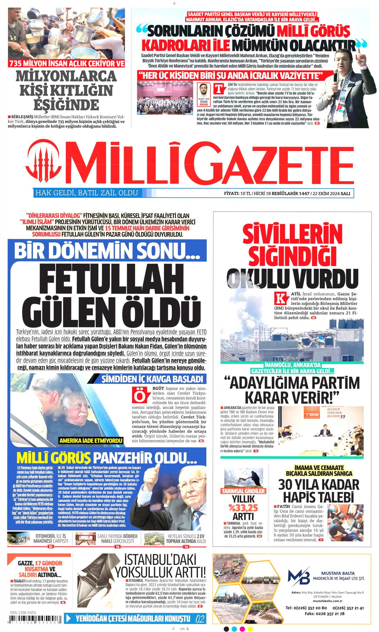 MİLLİ GAZETE gazetesinin 22 Ekim 2024 tarihli birinci sayfası