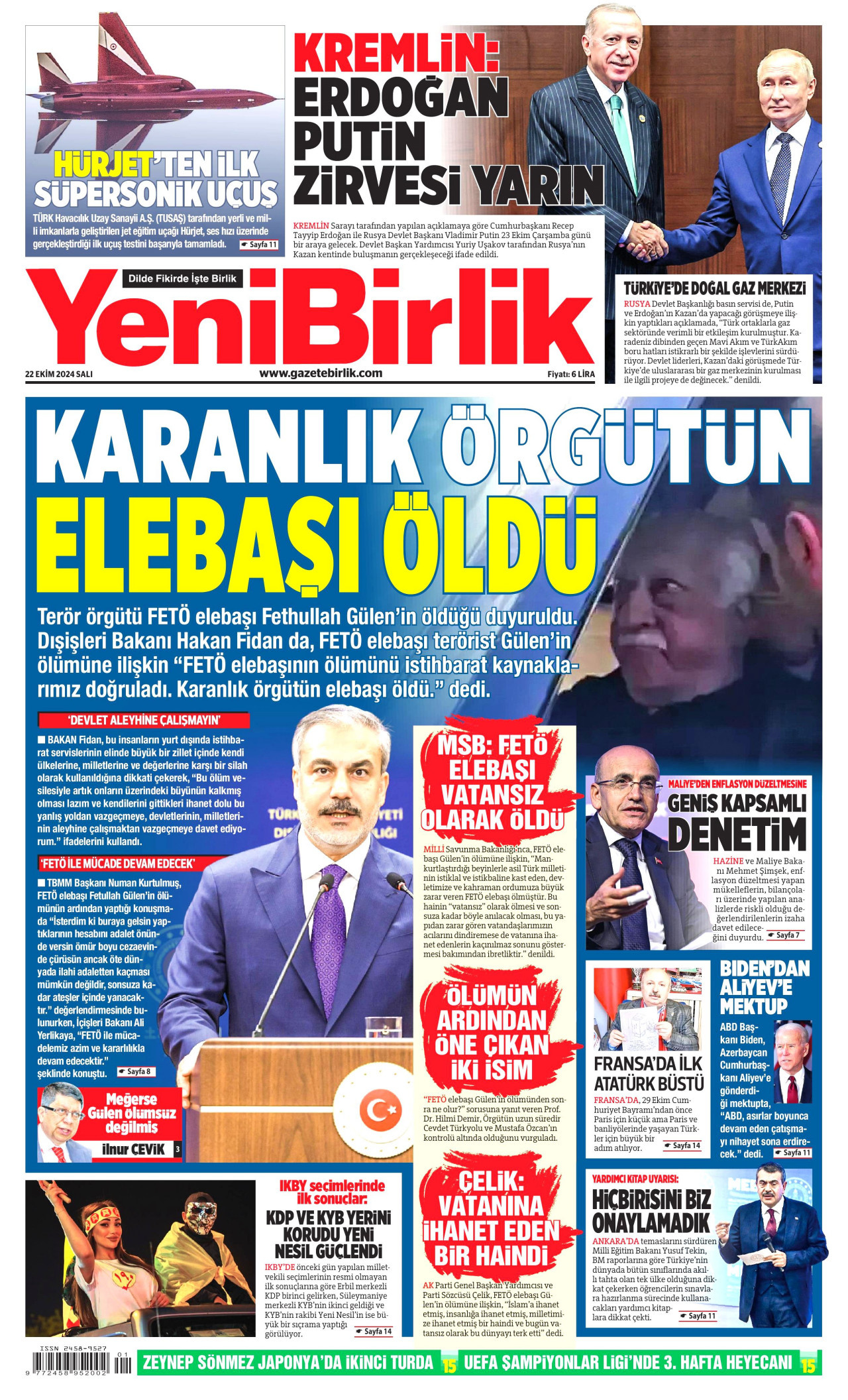 YENİBİRLİK gazetesinin 22 Ekim 2024 tarihli birinci sayfası