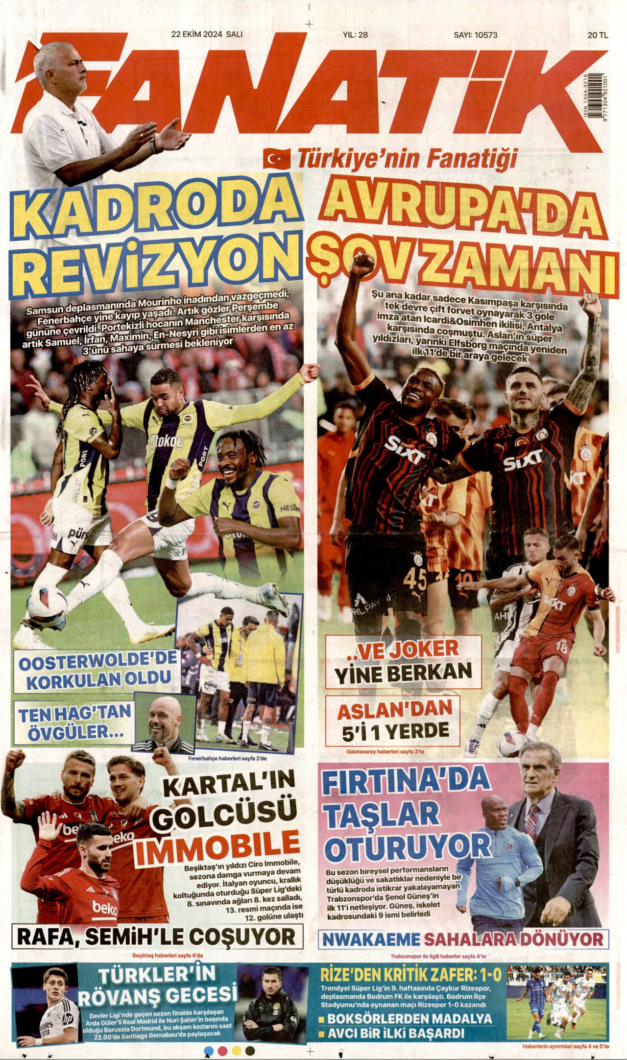 FANATİK gazetesinin 22 Ekim 2024 tarihli birinci sayfası