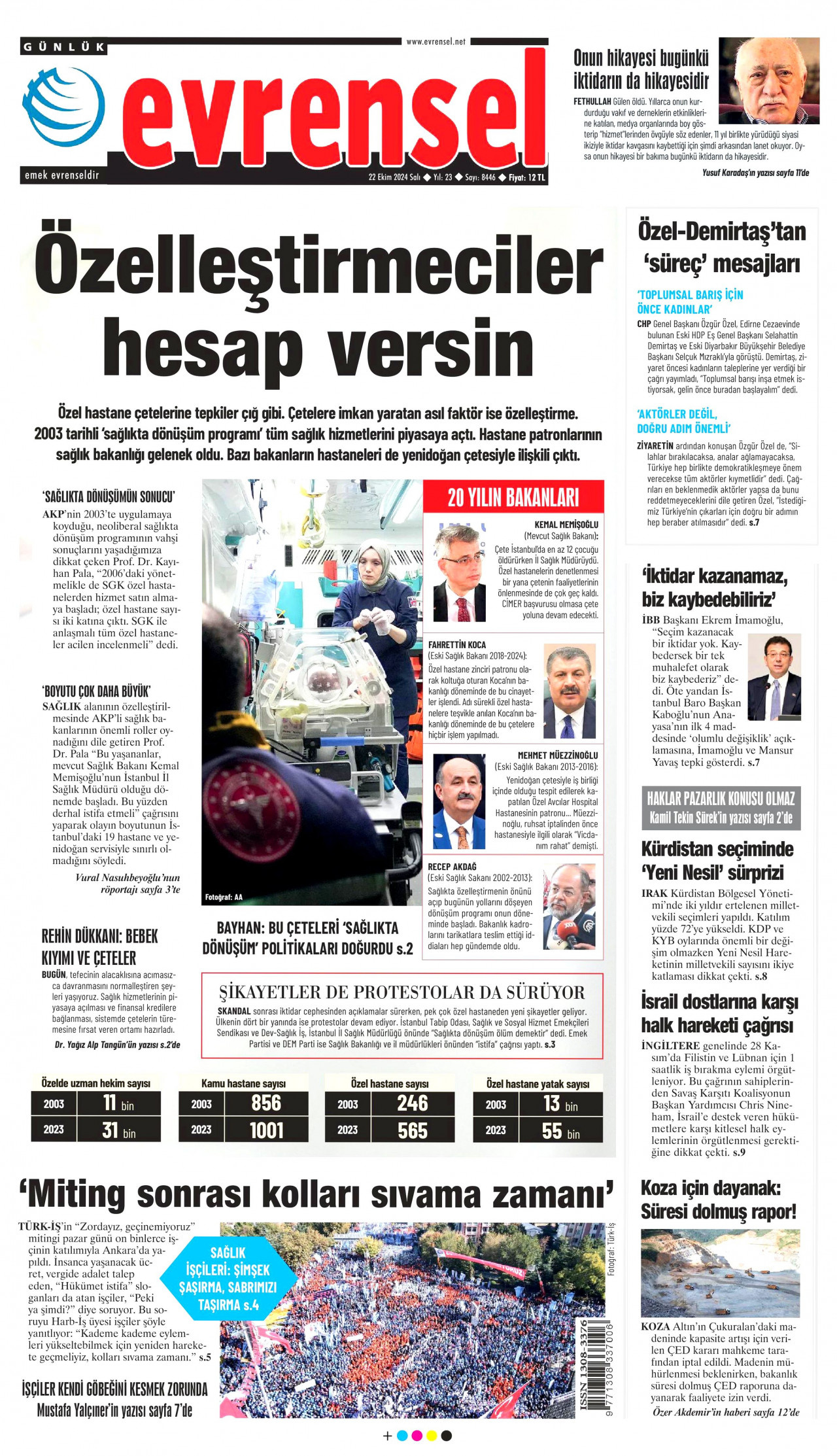 EVRENSEL gazetesinin 22 Ekim 2024 tarihli birinci sayfası