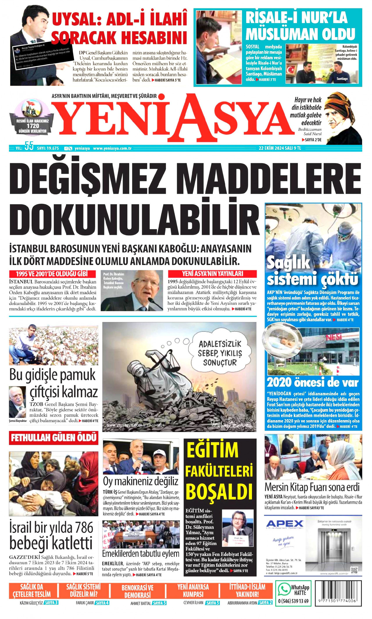 YENİ ASYA gazetesinin 22 Ekim 2024 tarihli birinci sayfası