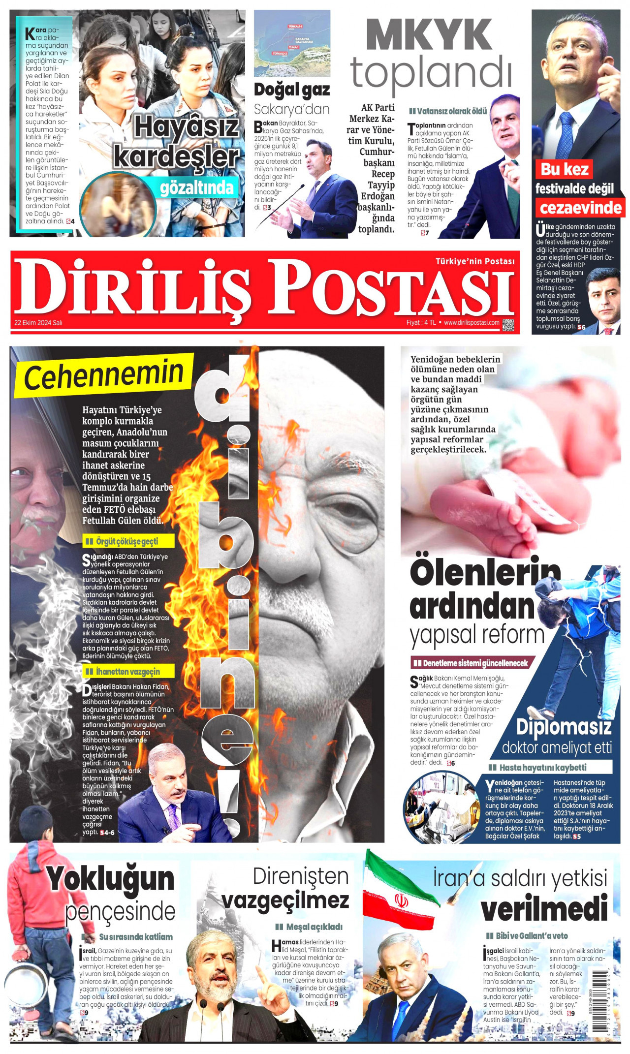 DİRİLİŞ POSTASI gazetesinin 22 Ekim 2024 tarihli birinci sayfası