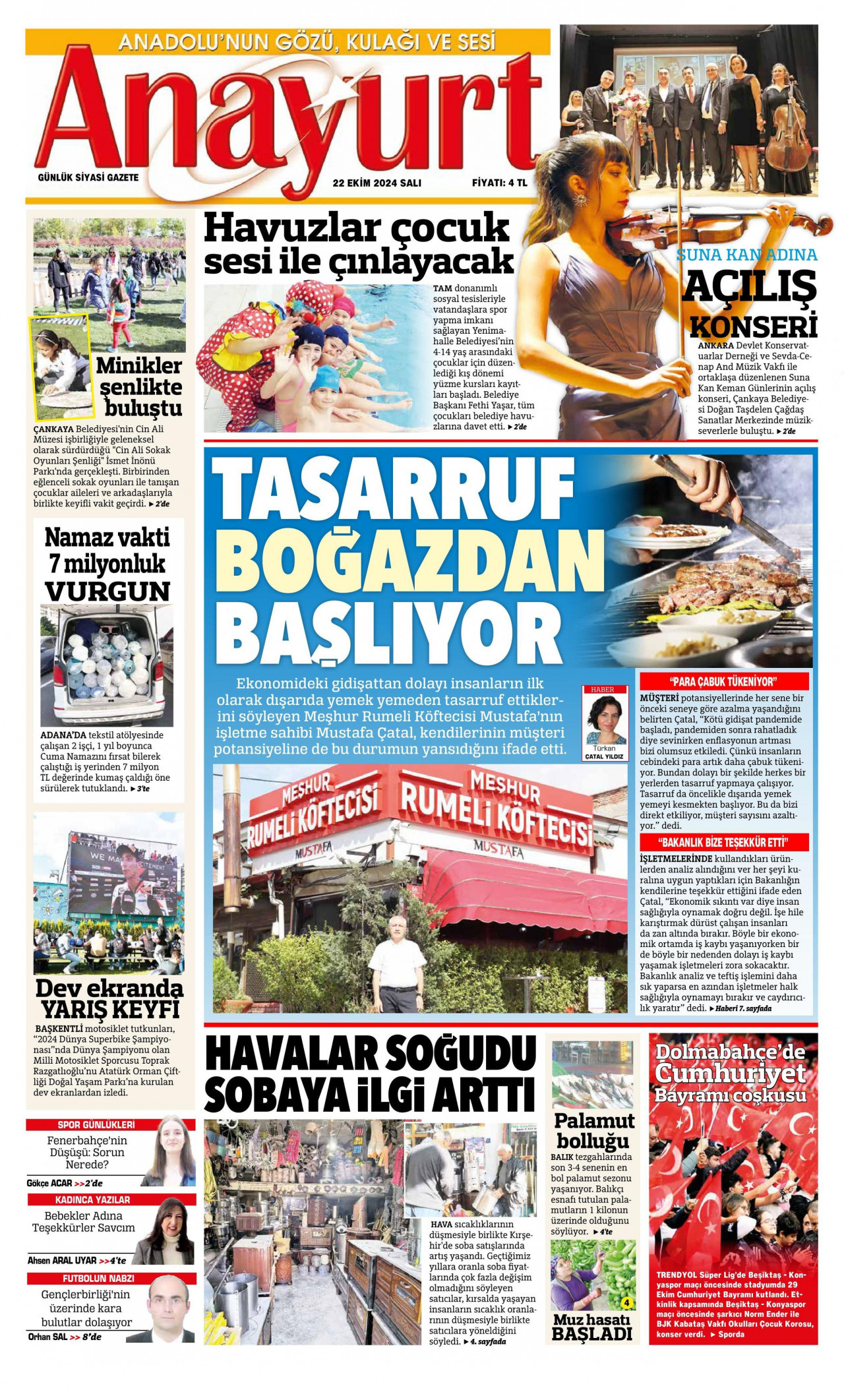 ANAYURT gazetesinin 22 Ekim 2024 tarihli birinci sayfası