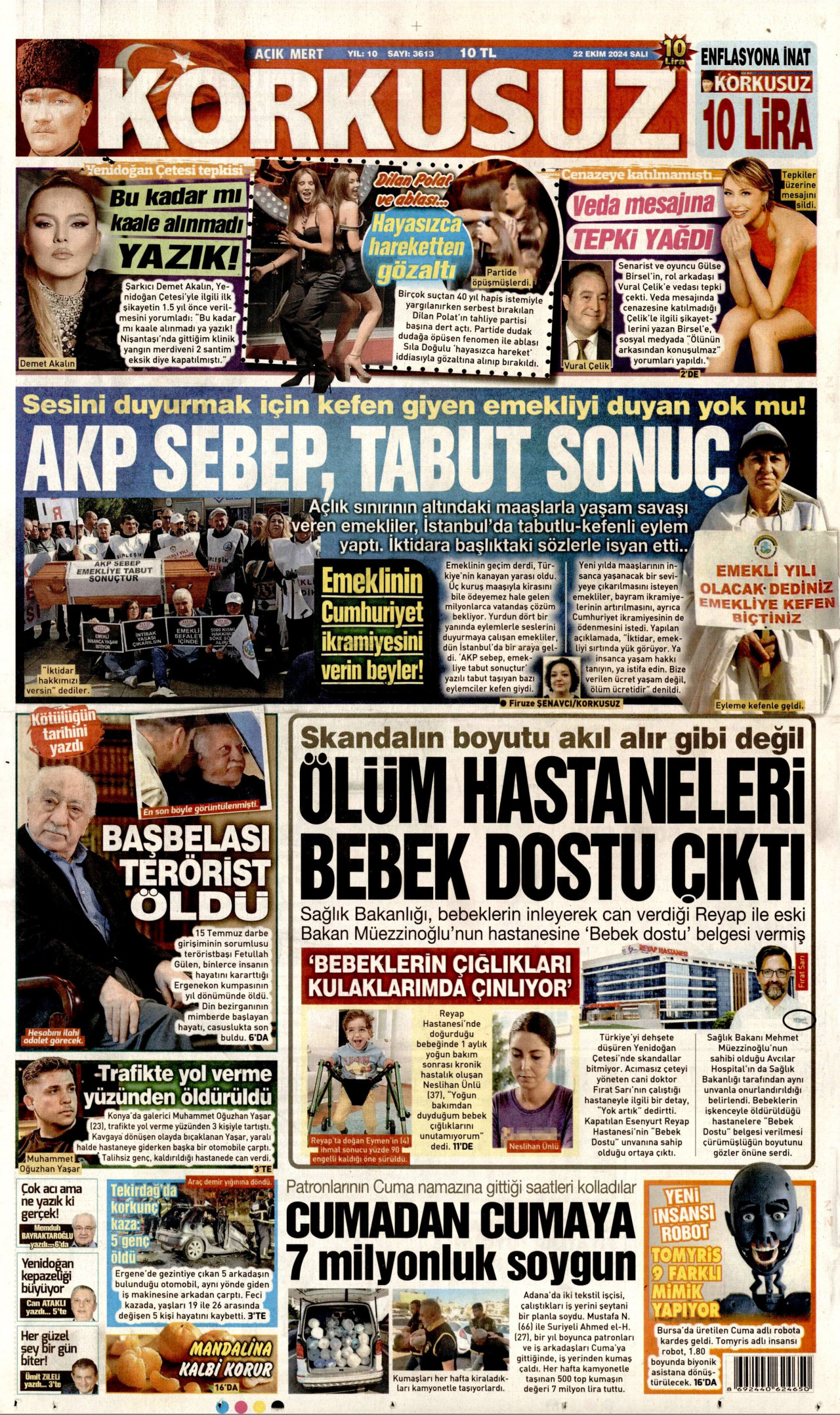 KORKUSUZ gazetesinin 22 Ekim 2024 tarihli birinci sayfası