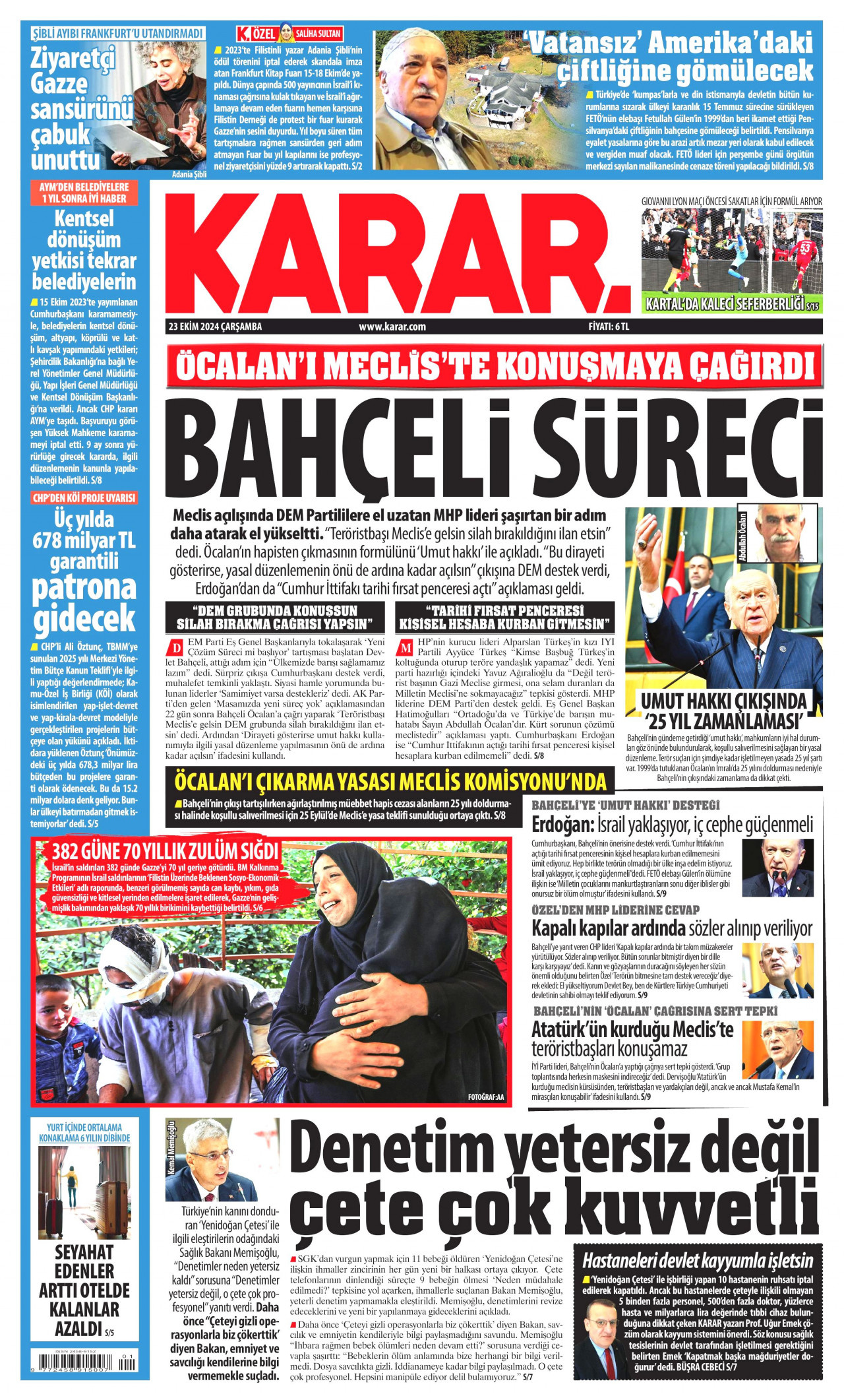 KARAR gazetesinin 23 Ekim 2024 tarihli birinci sayfası