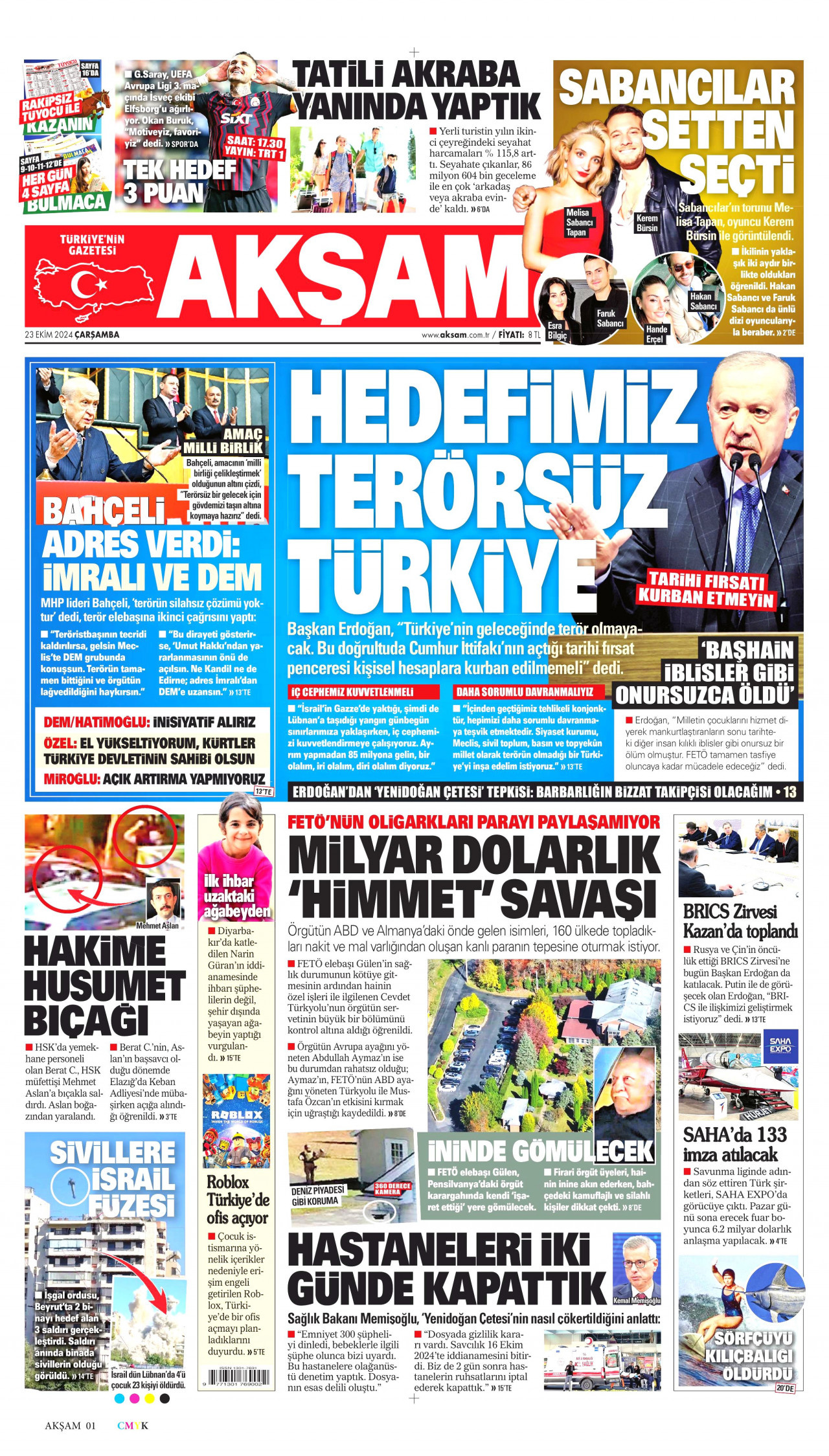 AKŞAM gazetesinin 23 Ekim 2024 tarihli birinci sayfası