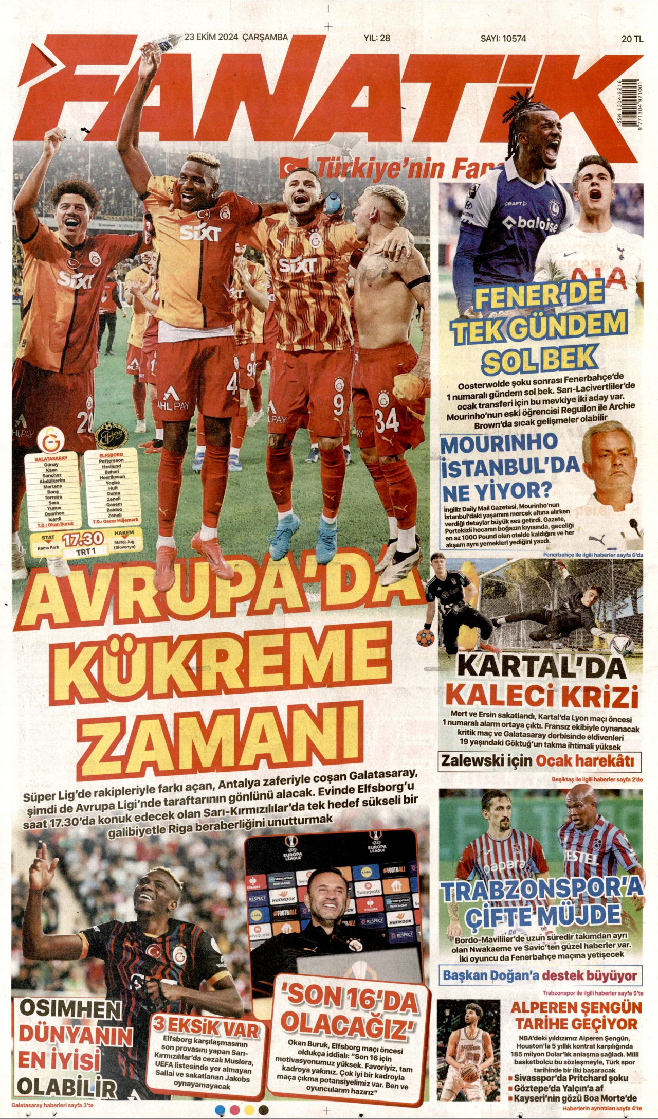 FANATİK gazetesinin 23 Ekim 2024 tarihli birinci sayfası