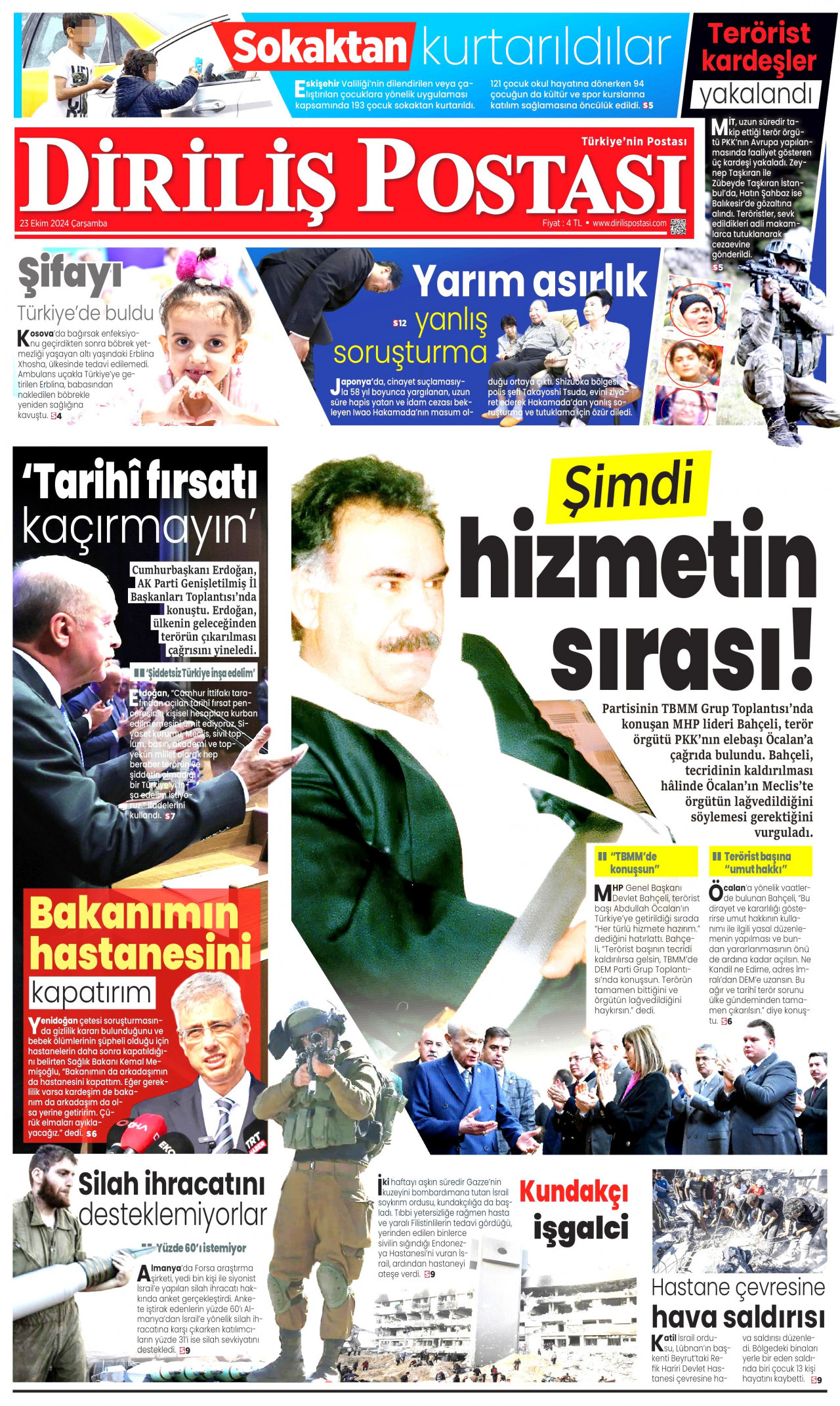 DİRİLİŞ POSTASI gazetesinin 23 Ekim 2024 tarihli birinci sayfası