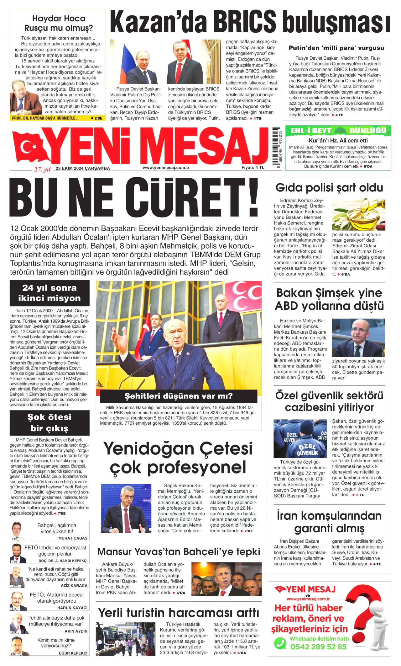 YENİ MESAJ gazetesinin 23 Ekim 2024 tarihli birinci sayfası