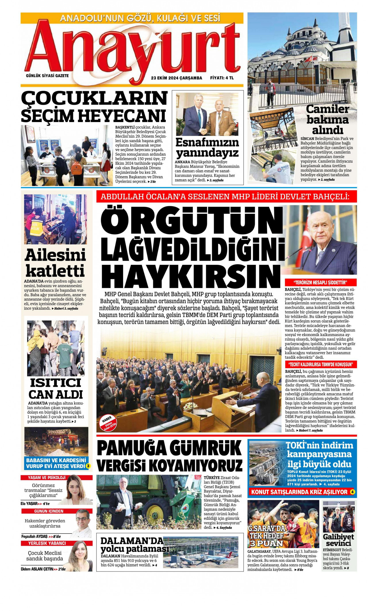 ANAYURT gazetesinin 23 Ekim 2024 tarihli birinci sayfası