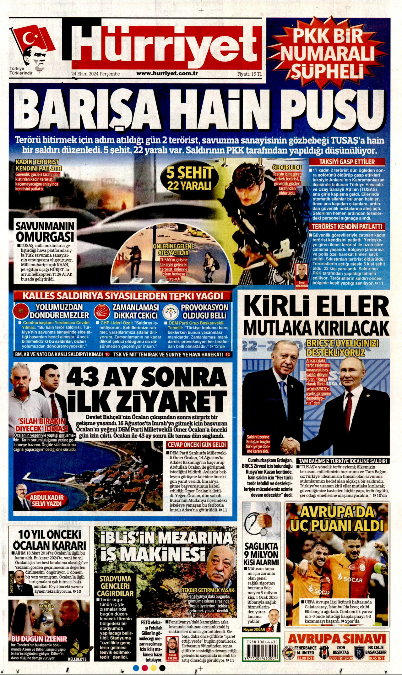 HÜRRİYET gazetesinin 24 Ekim 2024 tarihli birinci sayfası