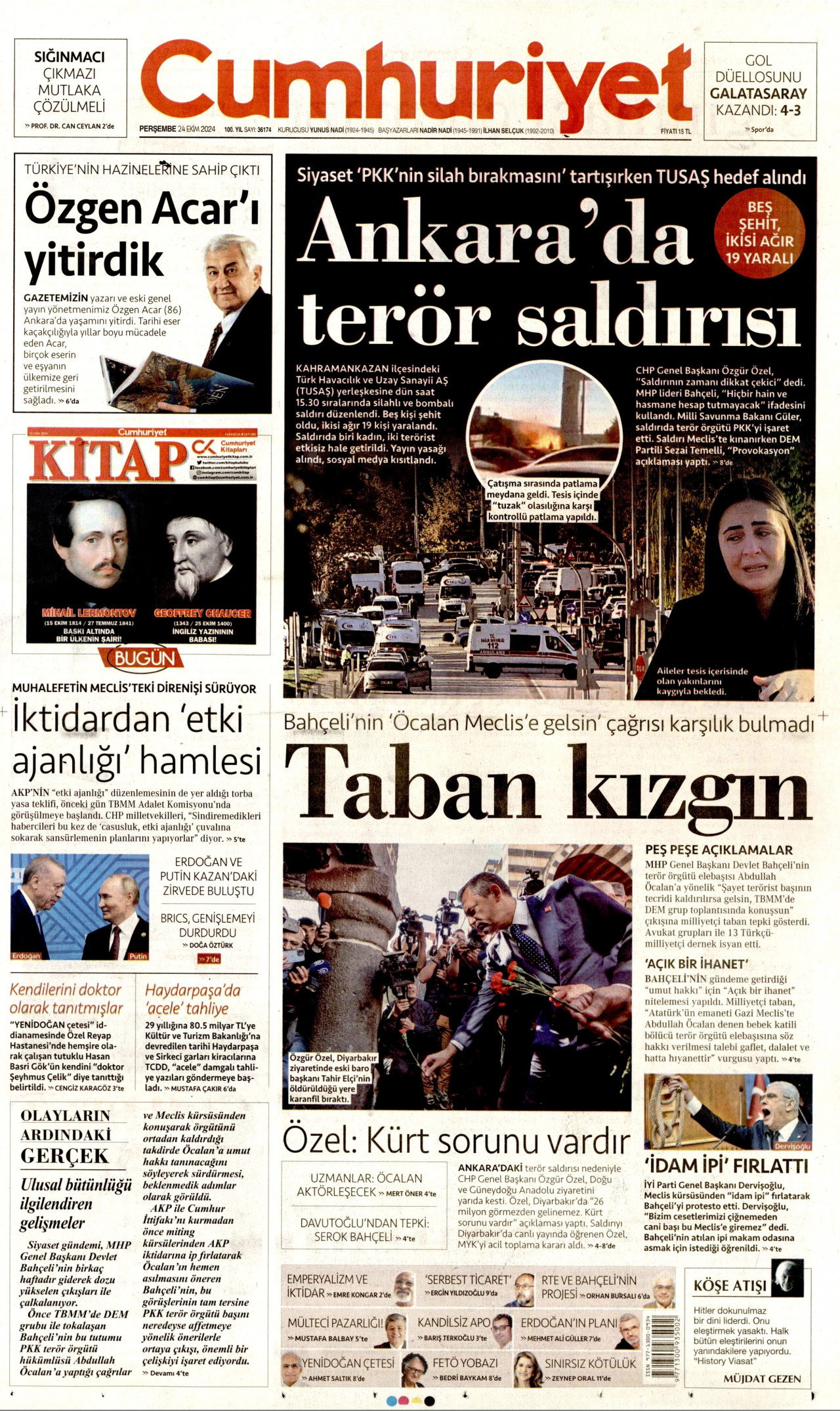 CUMHURİYET gazetesinin 24 Ekim 2024 tarihli birinci sayfası