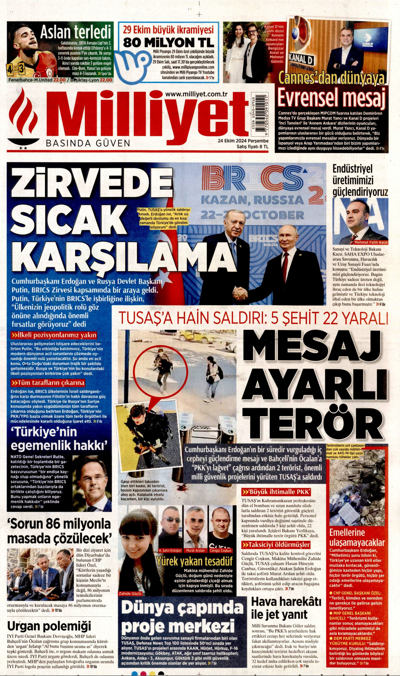 MİLLİYET gazetesinin 24 Ekim 2024 tarihli birinci sayfası